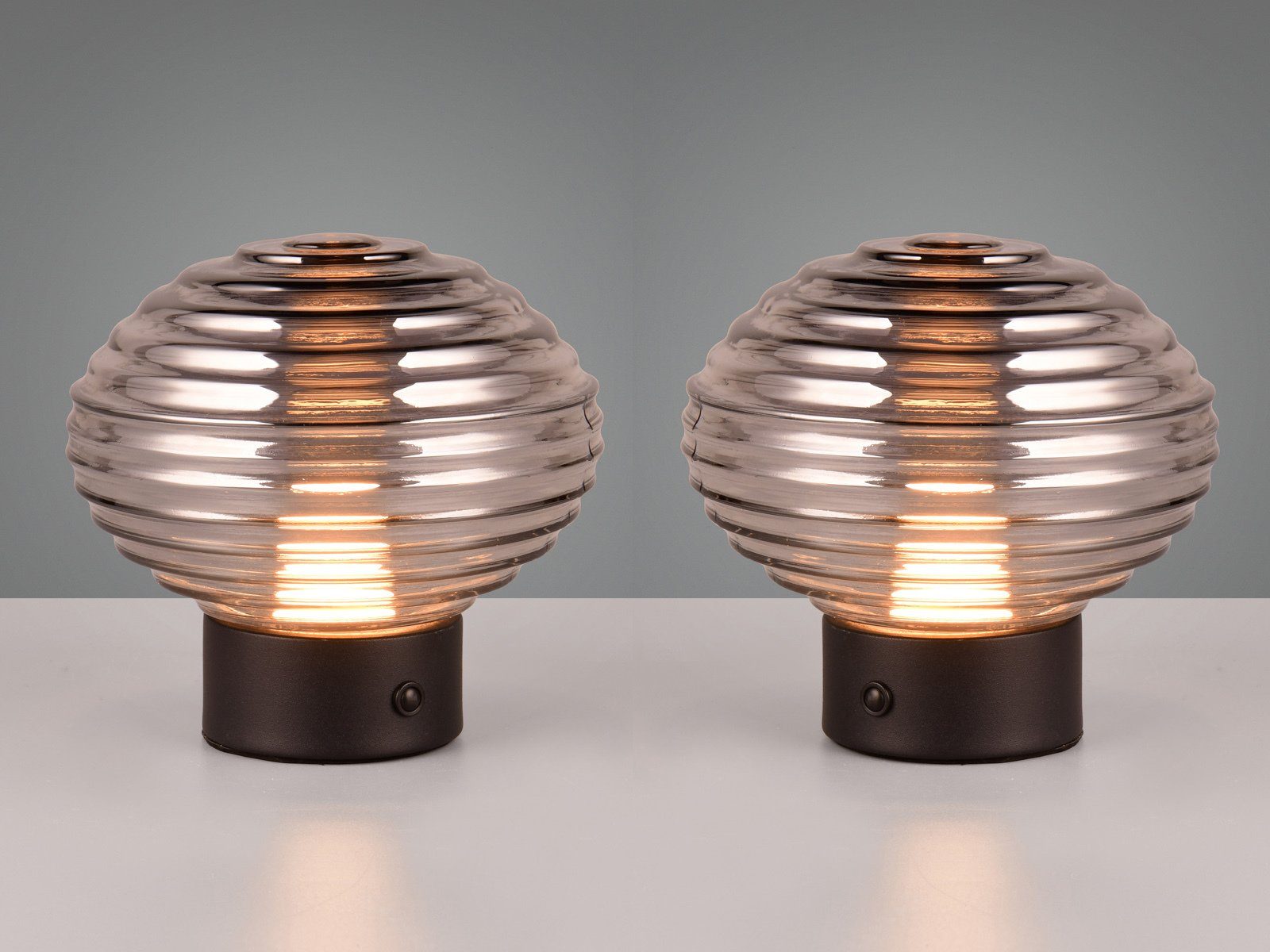 Reality Leuchten USB-Tischleuchte, 2er SET ohne Strom-kabel, Akku kabellos Rauchglas Lampenschirm H: 14cm