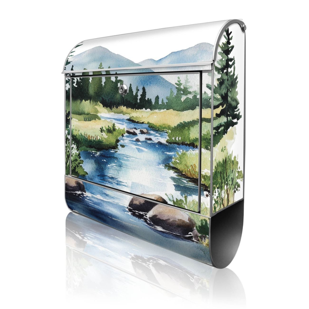 banjado Wandbriefkasten Silber Stahl mit Motiv Bergfluss in der Natur (Wandbriefkasten witterungsbeständig, pulverbeschichtet, mit Zeitungsfach), 47 x 39 x 14 cm