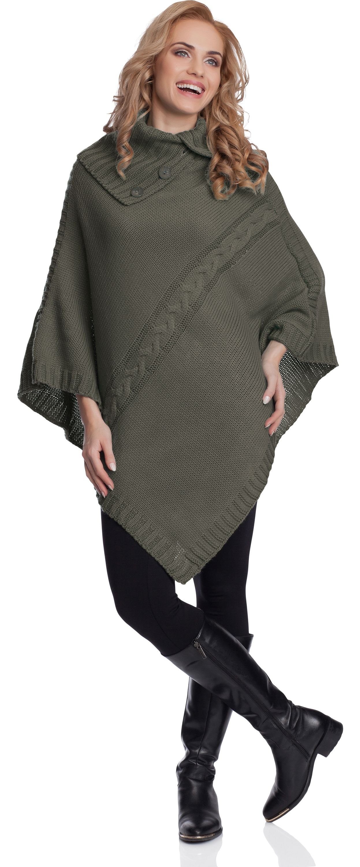 Merry Damen Strickponcho Style Khaki 2V3T1 Poncho