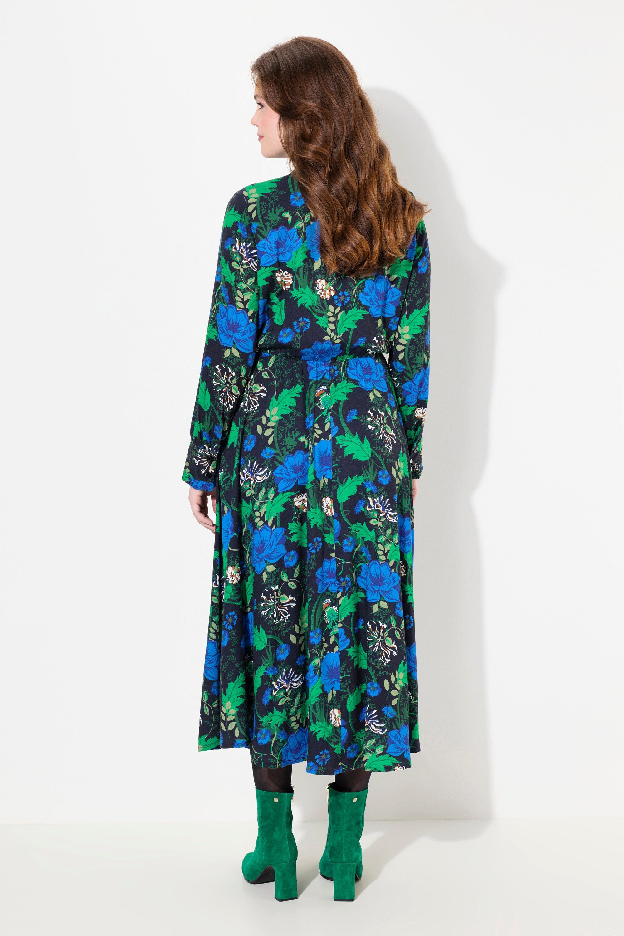 Ulla Popken Jerseykleid Maxikleid A-Linie V-Ausschnitt Schluppe Langarm