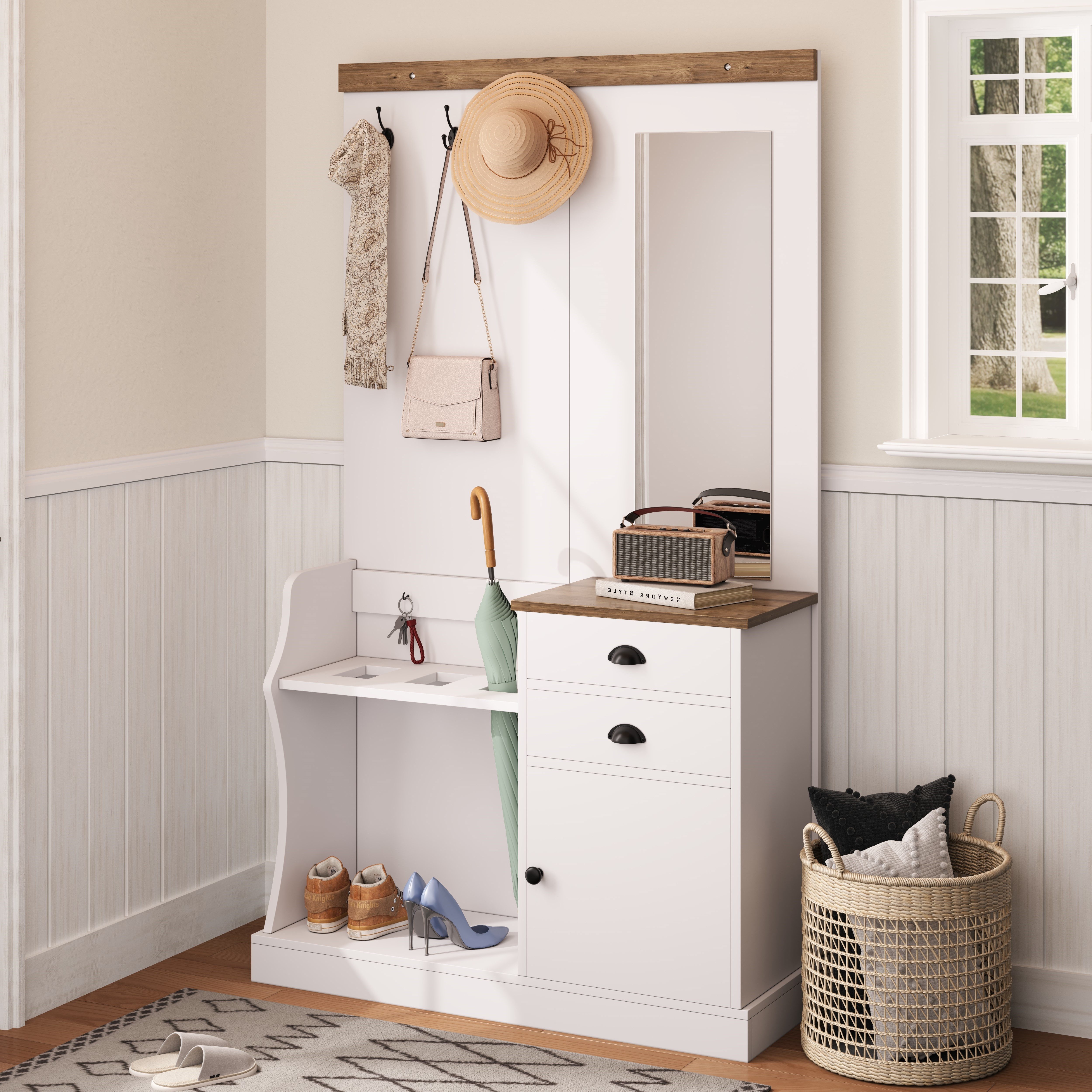 Merax Garderoben-Set mit Spiegel in Holz und Weiß, (Flurgarderoben Set Scandi Flurschrank, 1-St., 110,5 L x 38 B x 191 H (cm), Kompaktgarderobe mit Schubladen,  – Bild 4 von 5