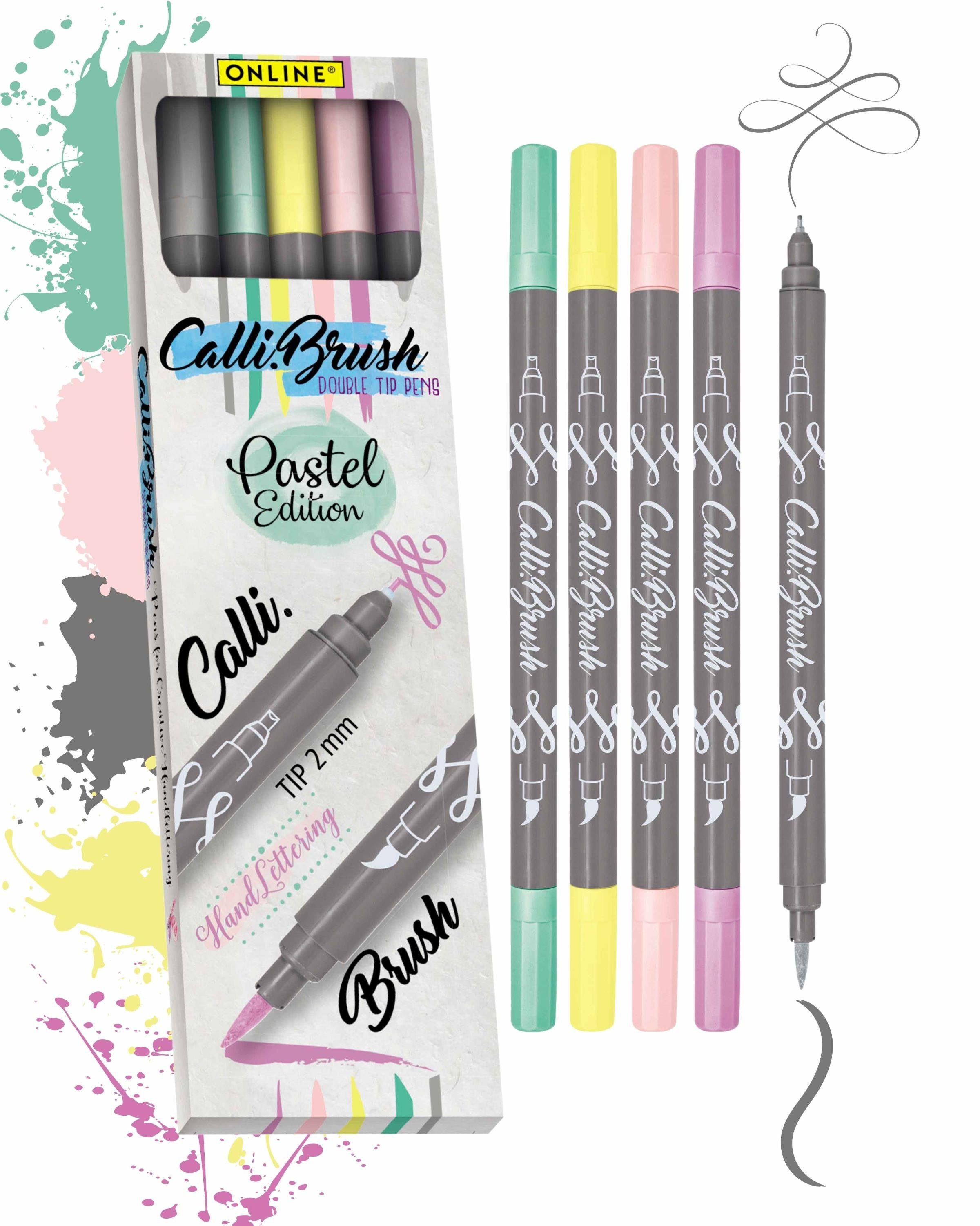 Online Pen Fineliner Calli.Brush, 5x Handlettering Stifte Set, bunte Brush Pens, verschiedene Spitzen Pastell