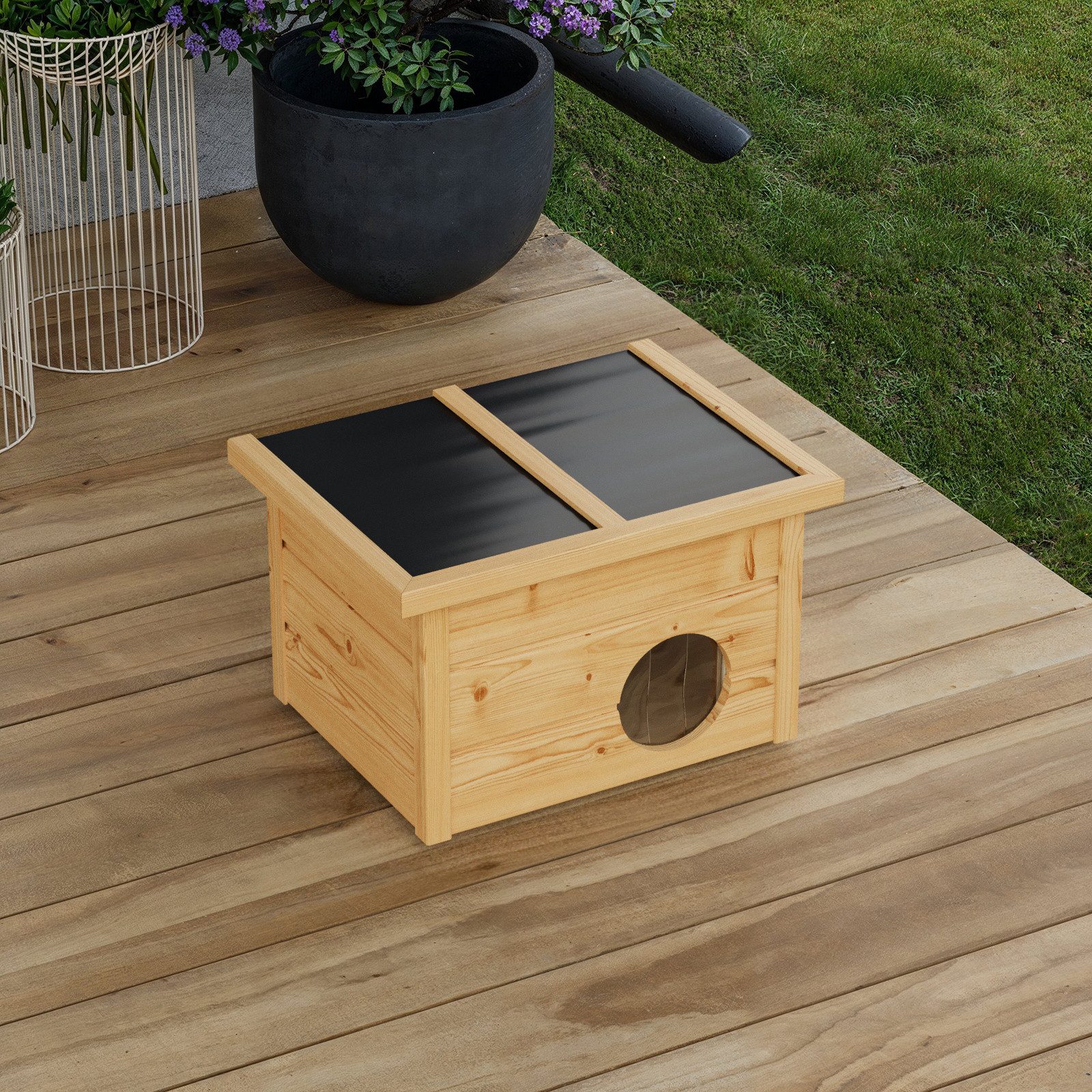 QLS Katzenhaus Outdoor Holz 40x50x37cm, klappbares Dach isoliert 2 cm Styropor, Vorhang, Holzleisten am Boden