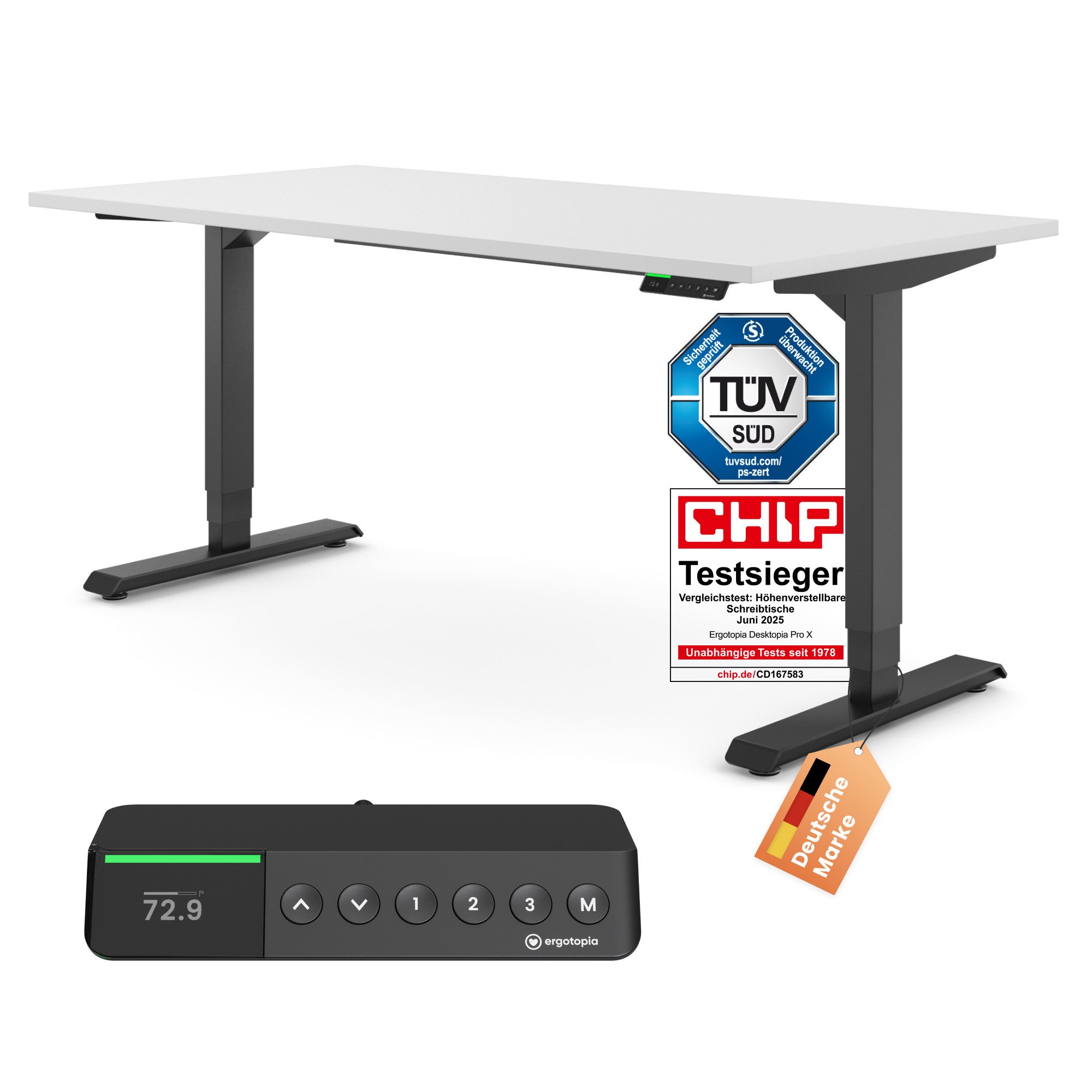 Ergotopia Schreibtisch Desktopia Pro X elektrisch höhenverstellbarer Schreibtisch, elektrisch verstellbarer Bürotisch inkl. edlem OLED-Display