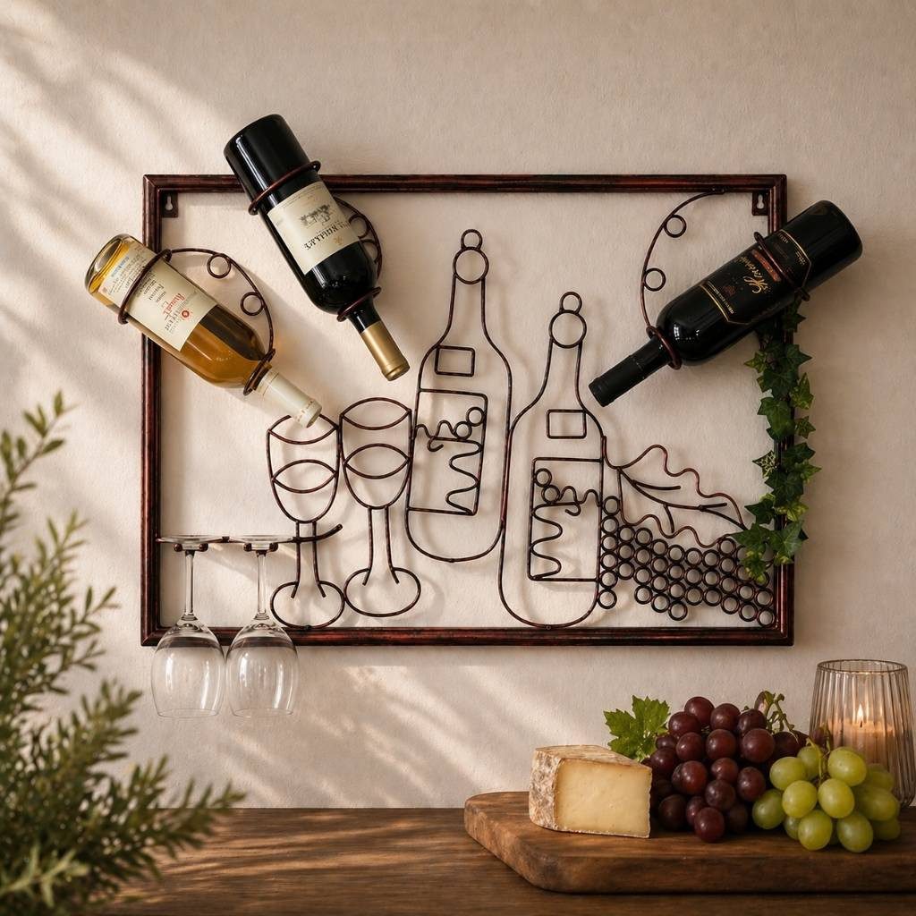 DanDiBo Weinregal mit Glashalter Wand Wandbild 091975 Flaschenständer Metall 65 cm, Flaschenhalter Wandregal