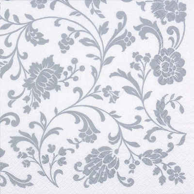 Linoows Papierserviette 20 Servietten Arabesken, Blütenranken Silber auf Weiß, (Packung), Motiv Arabesken, Blütenranken Silber auf Weiß