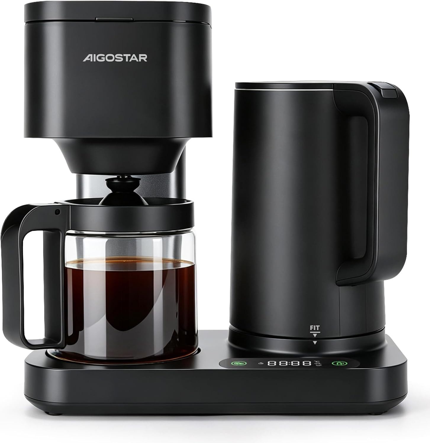 Aigostar Filterkaffeemaschine Gerät für Filterkaffee Tee und Heißwasser 3‑in‑1 für 1,3L/8 Tassen, 1.3l Kaffeekanne, Inkl. zwei V-Filter – getrennt für die Kaffee- und Teezubereitung verwendbar, 2–8 Tassen & 60–100 °C, LED-Touch, 40 Min Warmhalten & Selbstreinigung