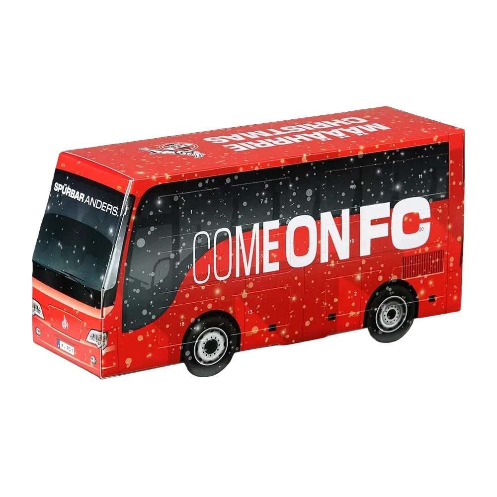 1. FC Köln Lebensmittel-Adventskalender Mannschaftsbus mit Lindt-Schokoladen, 110 g, 3D-Mannschaftsbus-Design, 24 Türchen, Lindt-Schokoladen