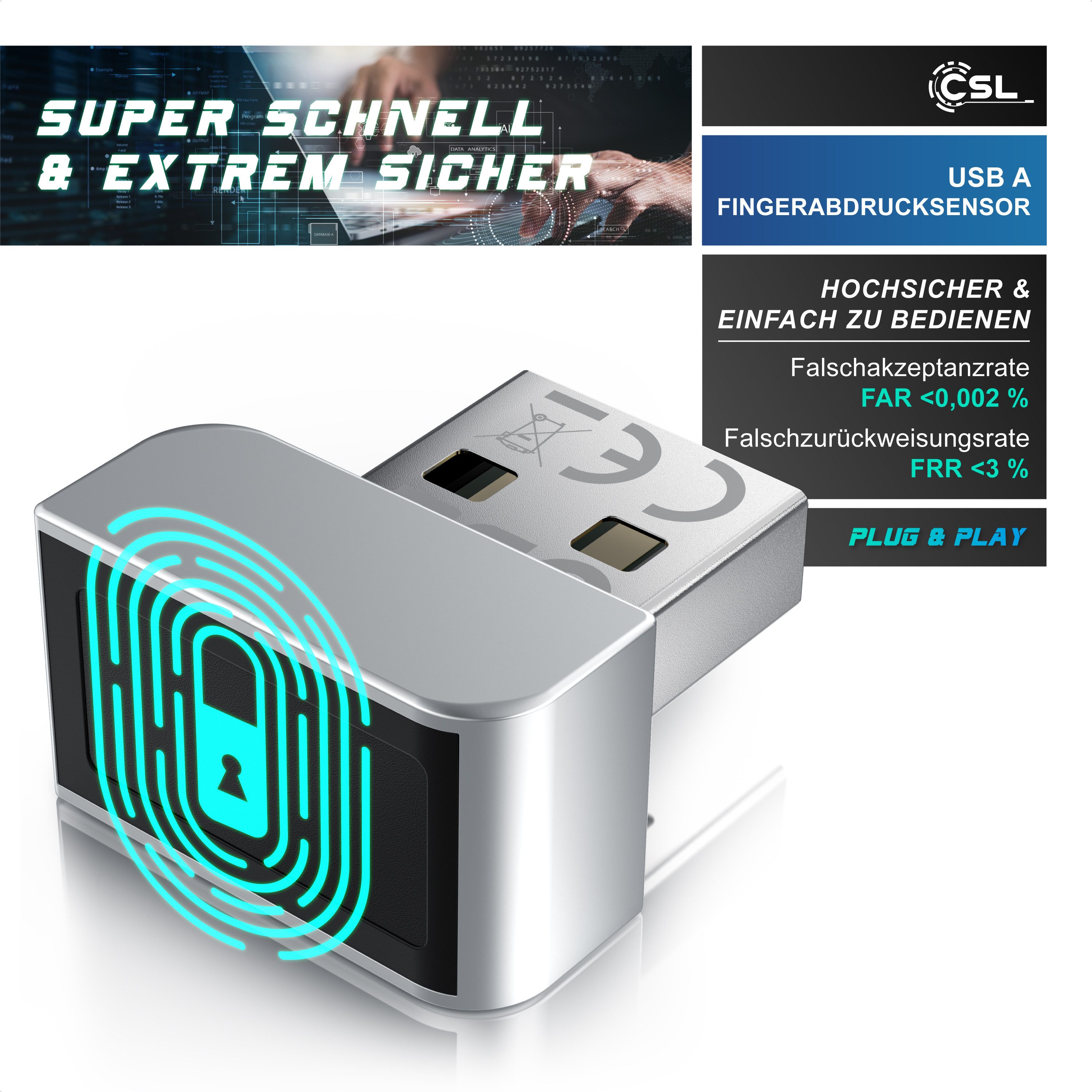 CSL Fingerabdrucksensor Fingerabdruckleser bis zu 10 IDs, biometrische Authentifizierung, (1-St), Windows 11 Hello Anmeldung, Plug & Play, 360° Rundumerkennung, – Bild 5 von 5