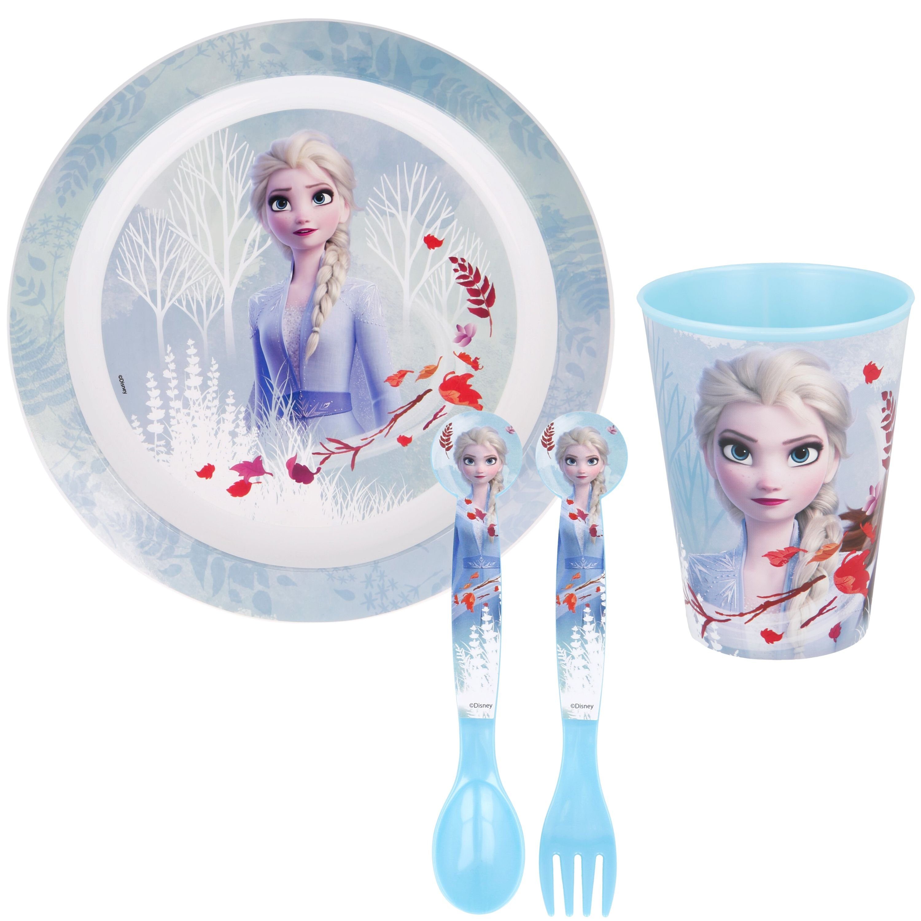 Disney Frozen Kindergeschirr-Set Elsa & Anna (4-tlg), Kunststoff, Kinder  Frühstückset mit Teller, Becher & Besteck