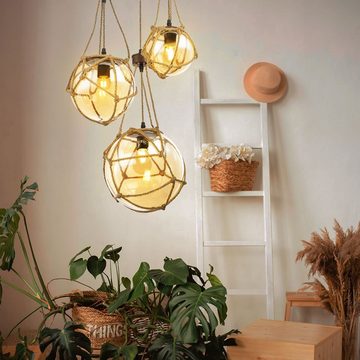 etc-shop LED Pendelleuchte, Leuchtmittel inklusive, Warmweiß, Hänge Leuchte Glas Kugeln braun rost Hanf Seil Lampe