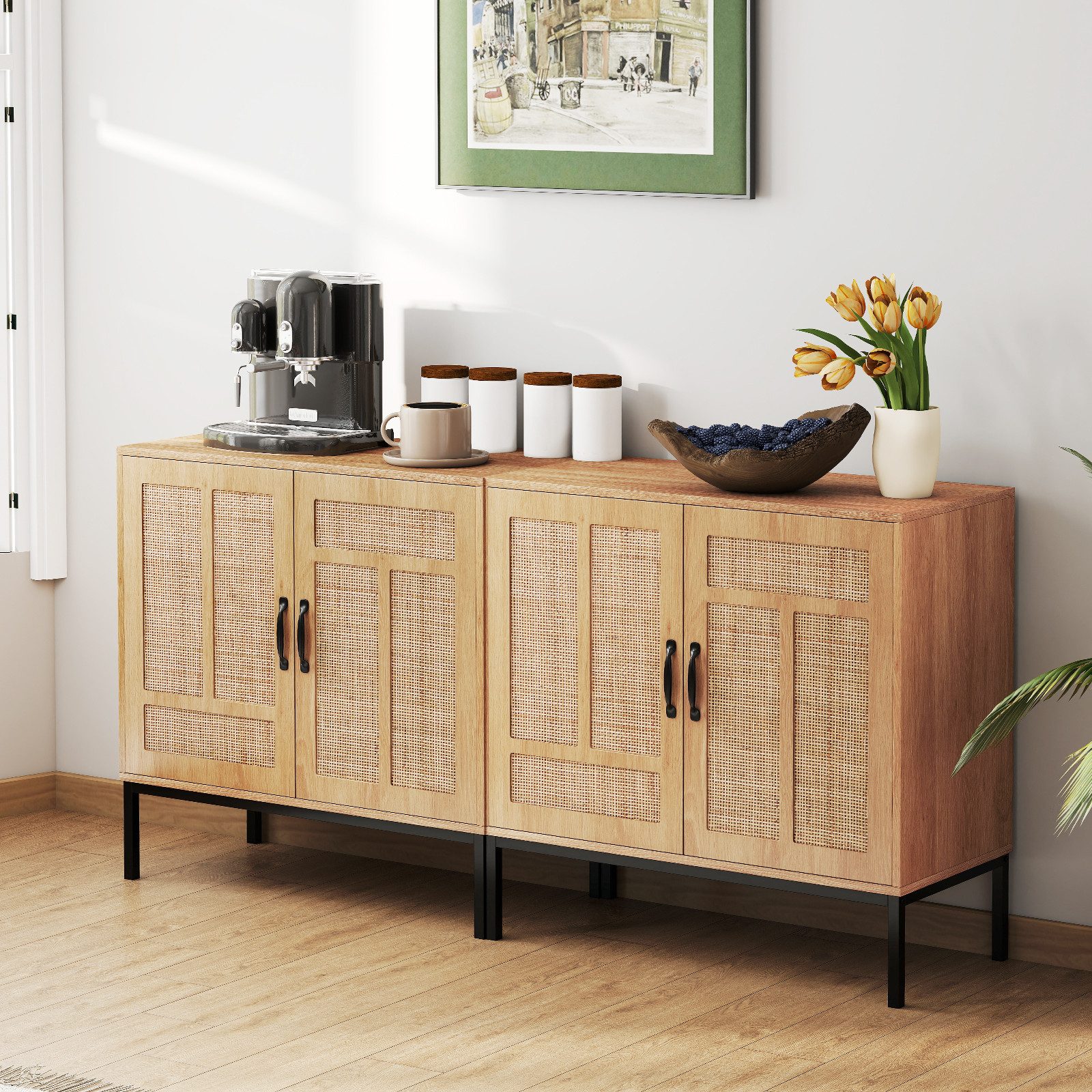 COSTWAY Sideboard, Küchenschrank Rattan mit verstellbarem Regal günstig online kaufen