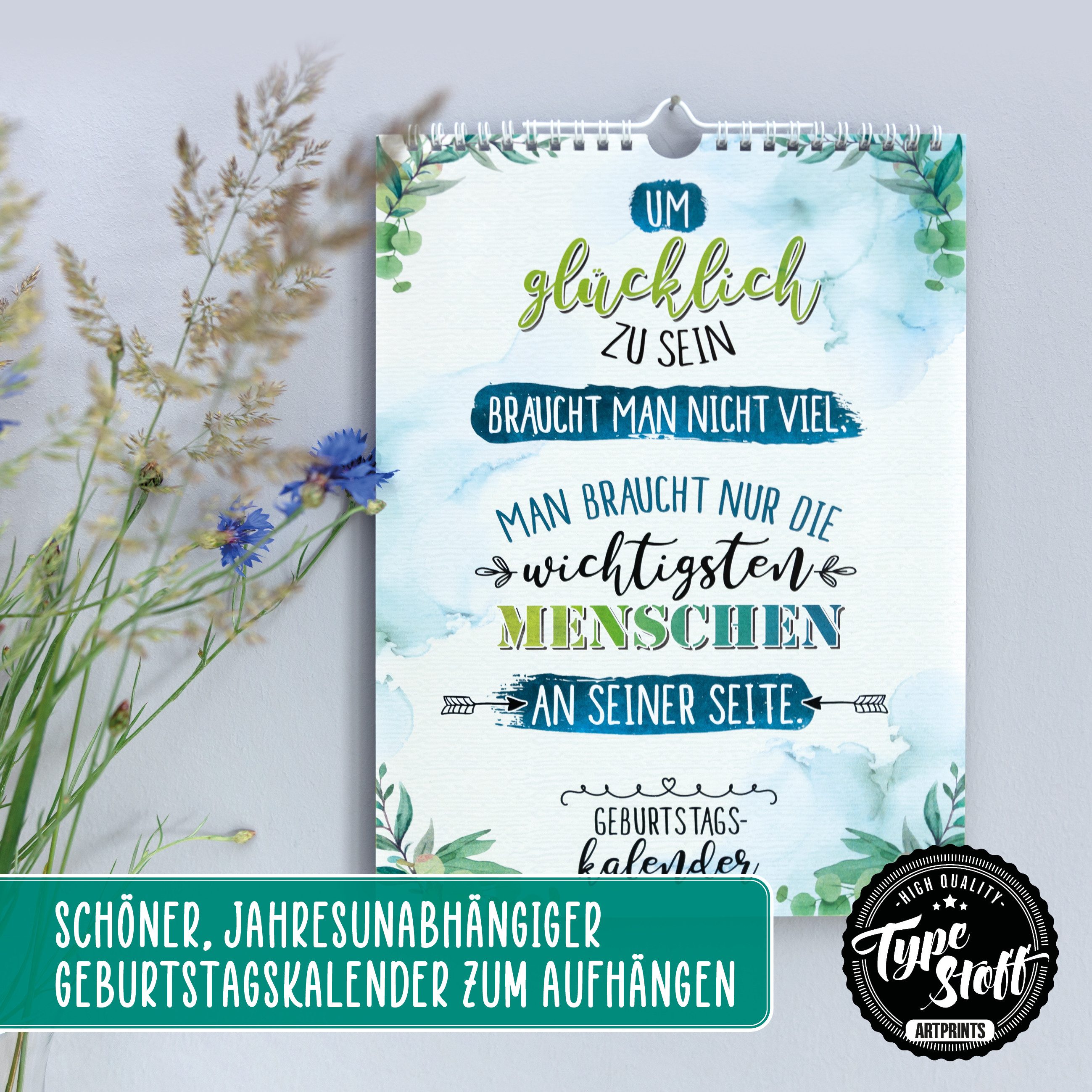 TypeStoff Geburtstagskalender TypeStoff Geburtstagskalender A4 immerwährend Sprüche Spiralbindung, Immerwährendes Kalendarium, Gut beschreibbare Oberfläche