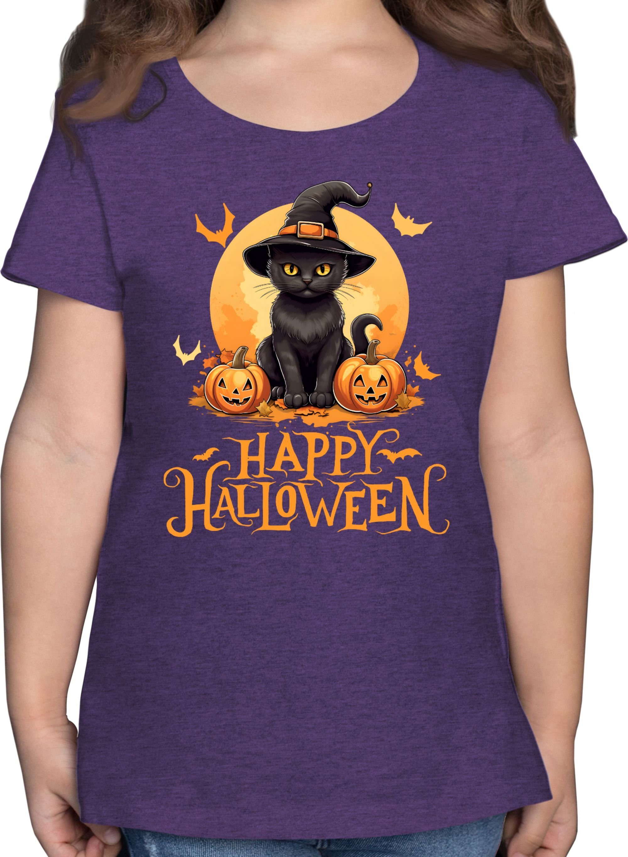 Shirtracer T-Shirt Happy Halloween Katze Hexenhut Lustig Katzenliebhaber Cat Halloween Kostüme für Kinder 01 Lila Meliert