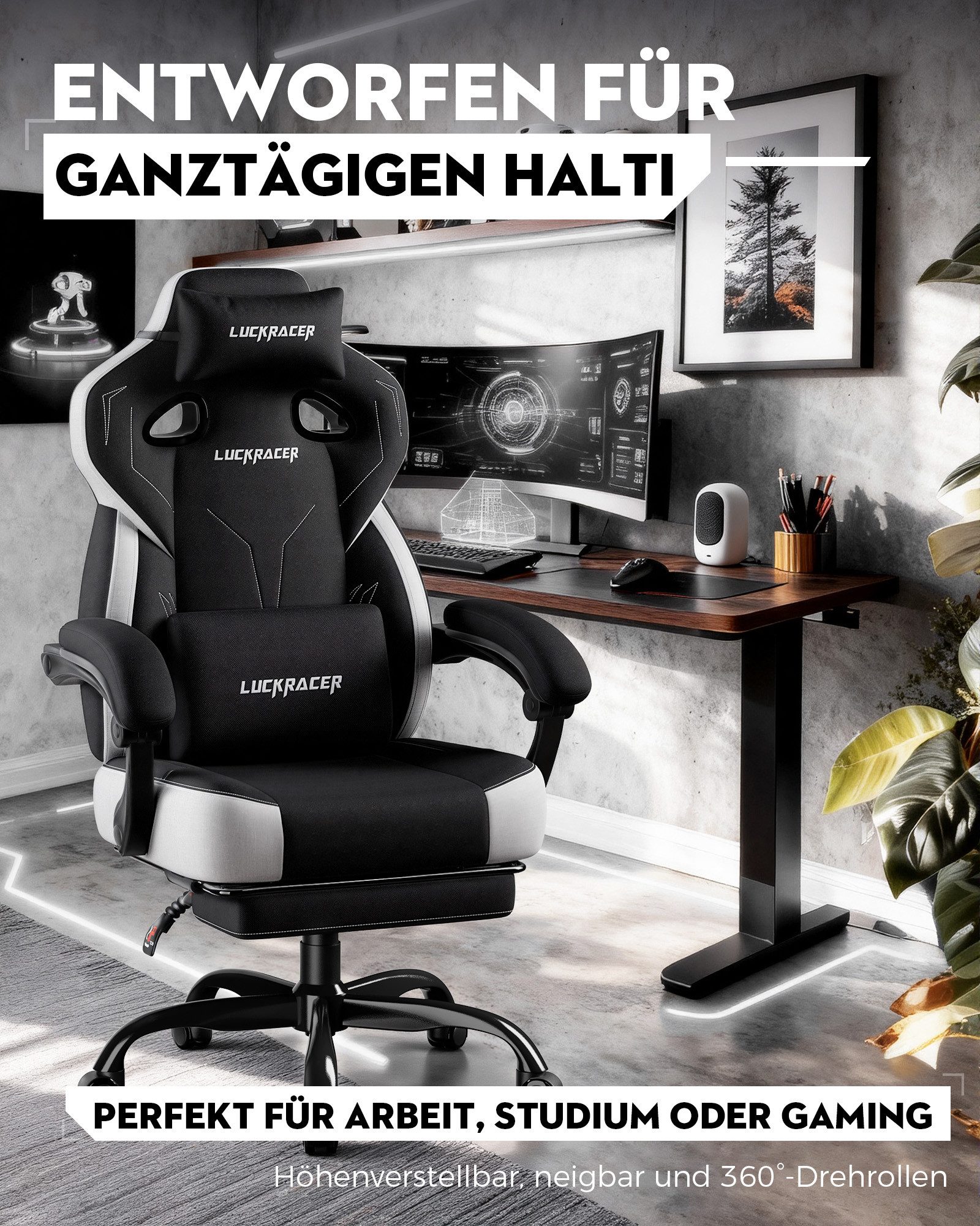 LUCKRACER Gaming-Stuhl Stoff/Kunstleder, Bürostuhl mit verbundenen Armlehnen, Memory-Schaum, 90–155° Neigungswinkel und Fußstütze