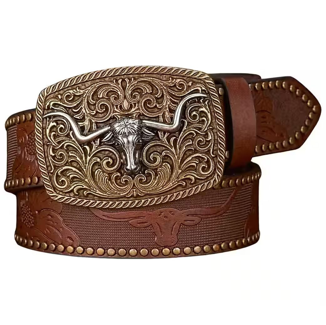 Ware aus aller Welt Nietengürtel Westerngürtel mit Longhorn-Schnalle – im authentischen Cowboy Style (1-St) Geprägte Western-Details mit Longhorn- und Blumenmotiven