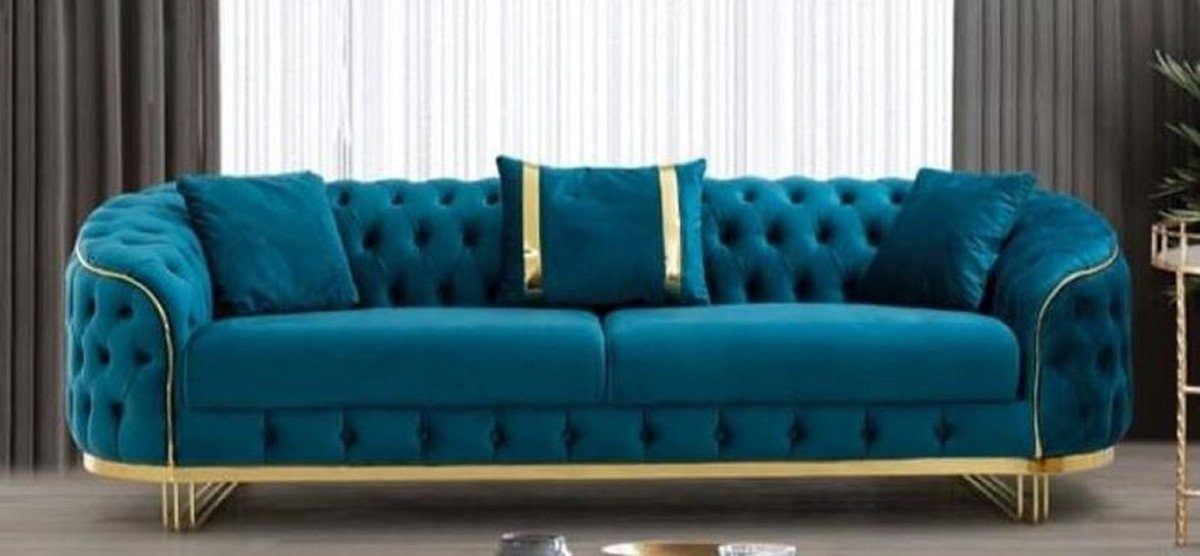 Casa Padrino Chesterfield-Sofa Luxus Chesterfield Sofa Türkis / Gold 240 x 95 x H. 72 cm - Modernes Wohnzimmer Sofa - Chesterfield Wohnzimmer Möbel