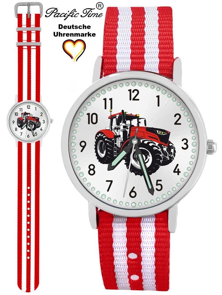 Pacific Time Quarzuhr Kinder Armbanduhr Traktor rot Wechselarmband, Mix und Match Design - Gratis Versand rot weiß gestreift
