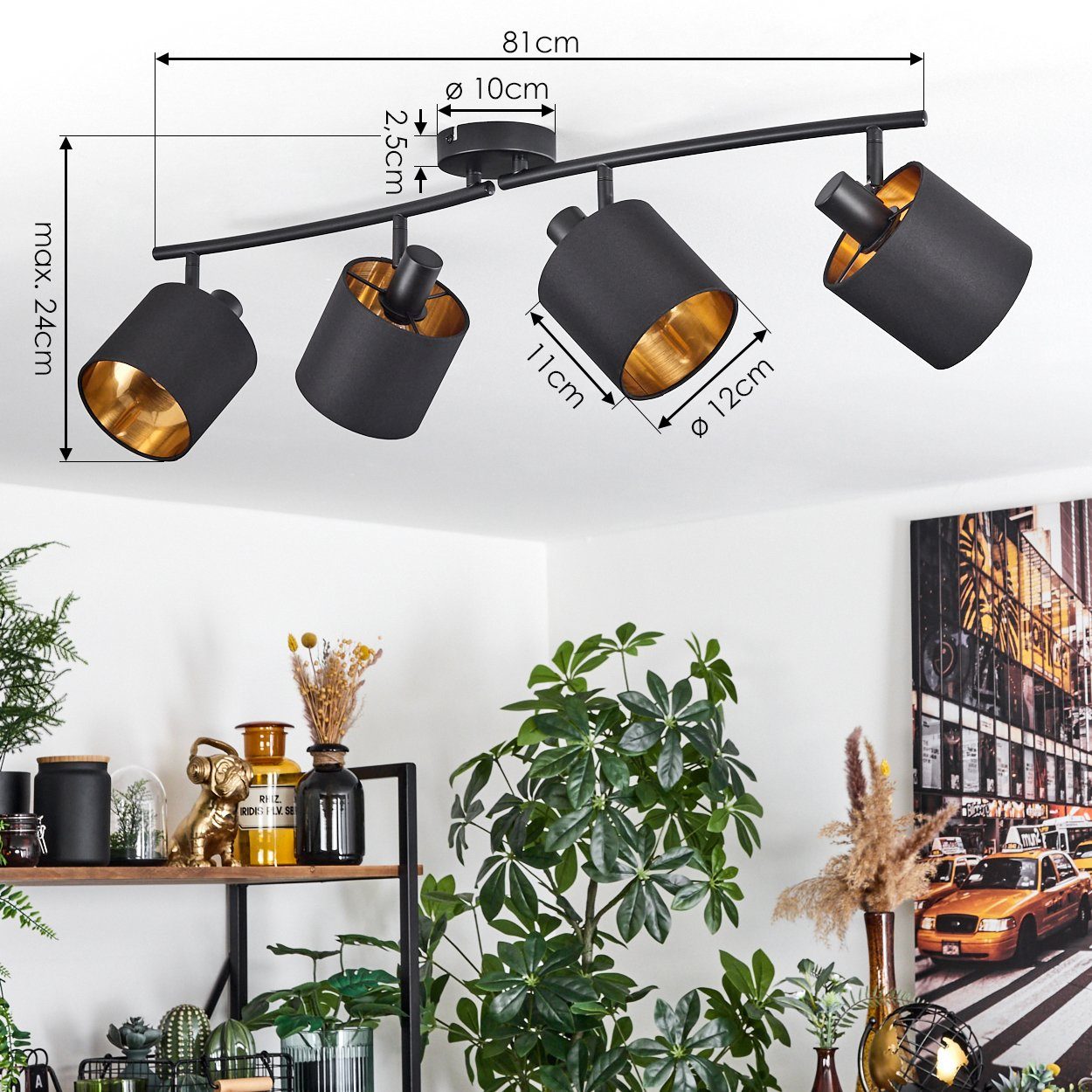 E14 Leuchtmittel, Spot, Deckenlampe verstellbaren und 4-flammig, Leuchtenarmen, mit 4x Strahlern in Metall/Stoff Deckenleuchte hofstein moderne aus Schwarz/Goldfarben, ohne