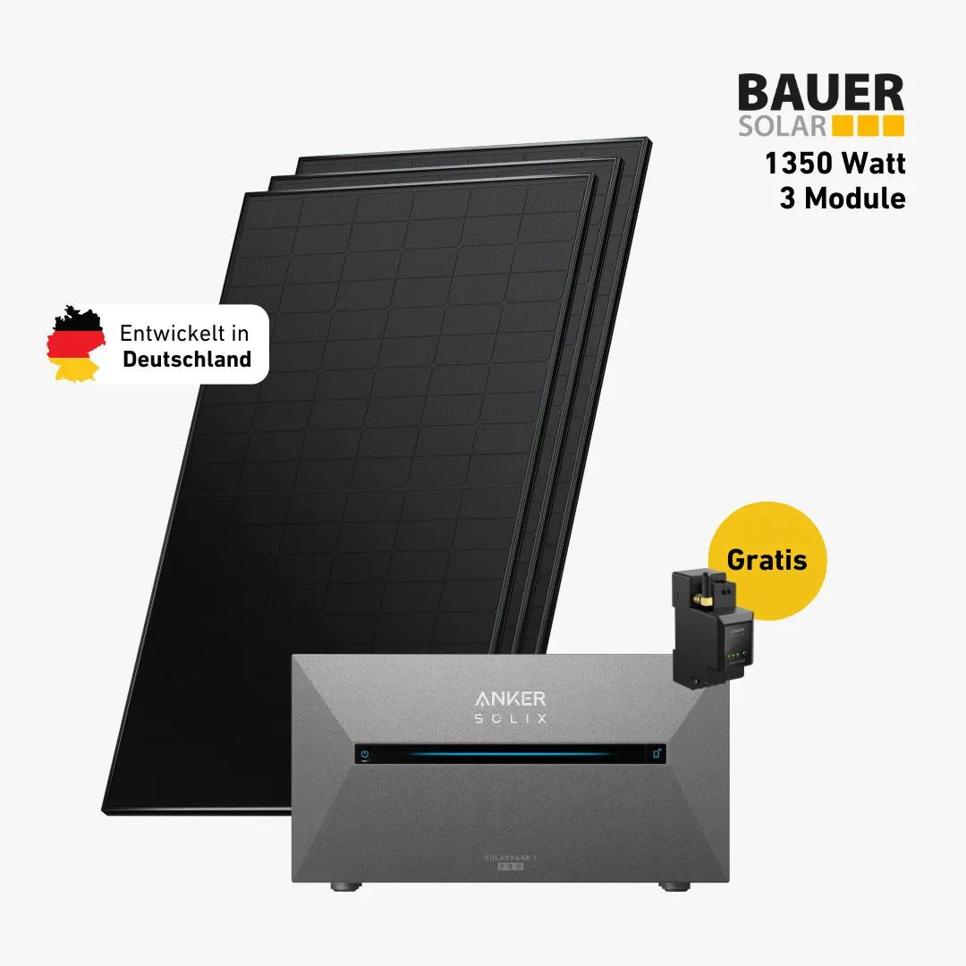 Balkonstrom Balkonkraftwerk 1350W mit Speicher, Anker 2 Pro, Komplettset, Bifazial, Premium, 1350 W, Monokristallin, (Anker SOLIX Solarbank 2 E1600 PRO Stromspeicher), Made in Germany Kabel