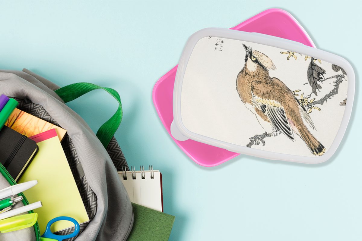 MuchoWow Lunchbox Vogel - - Erwachsene, Japanisch Skandinavisch, Braun Mädchen, (2-tlg), Snackbox, - Kunststoff für rosa Brotdose Kunststoff, Brotbox Kinder