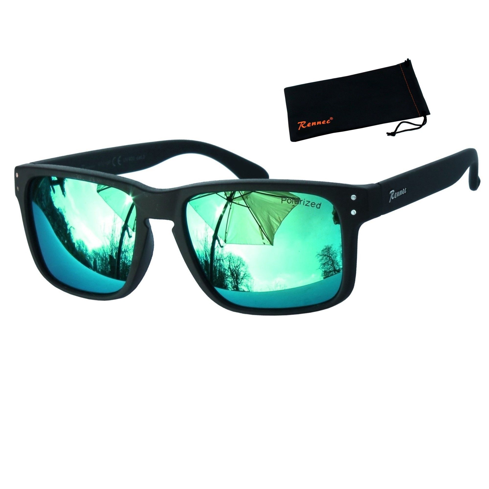 Rennec Sonnenbrille (Herren Markenbrille mit Brillenbeutel) Gläser Polarisiert Türkis Verspiegelt 3in2 Bügelgelenke
