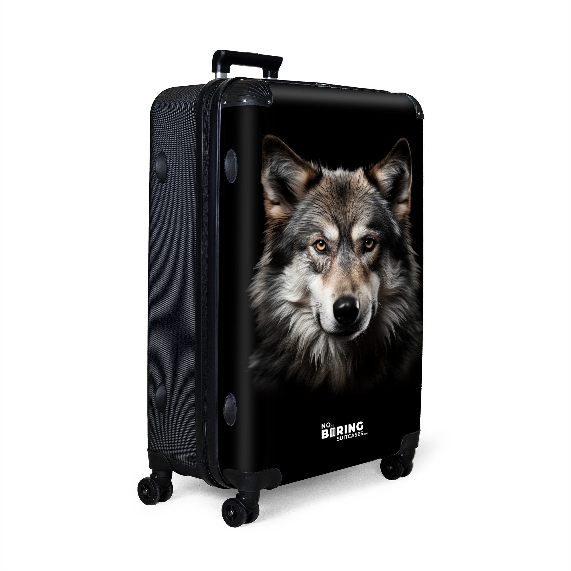 NoBoringSuitcases.com© Hartschalen-Trolley Wolfsporträt vor schwarzem Hinte günstig online kaufen