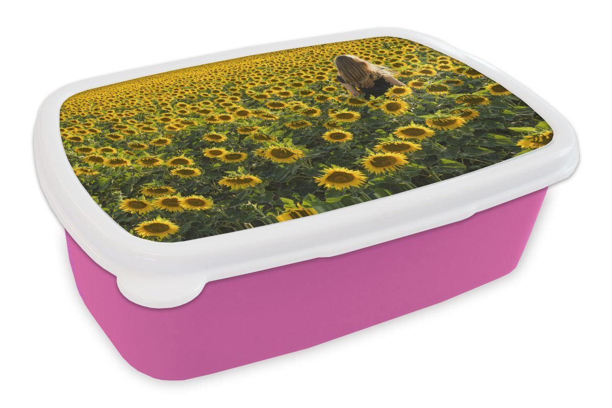 MuchoWow Lunchbox Sonnenblume - Frau - Frühling, Kunststoff, (2-tlg), Brotbox für Erwachsene, Brotdose Kinder, Snackbox, Mädchen, Kunststoff rosa