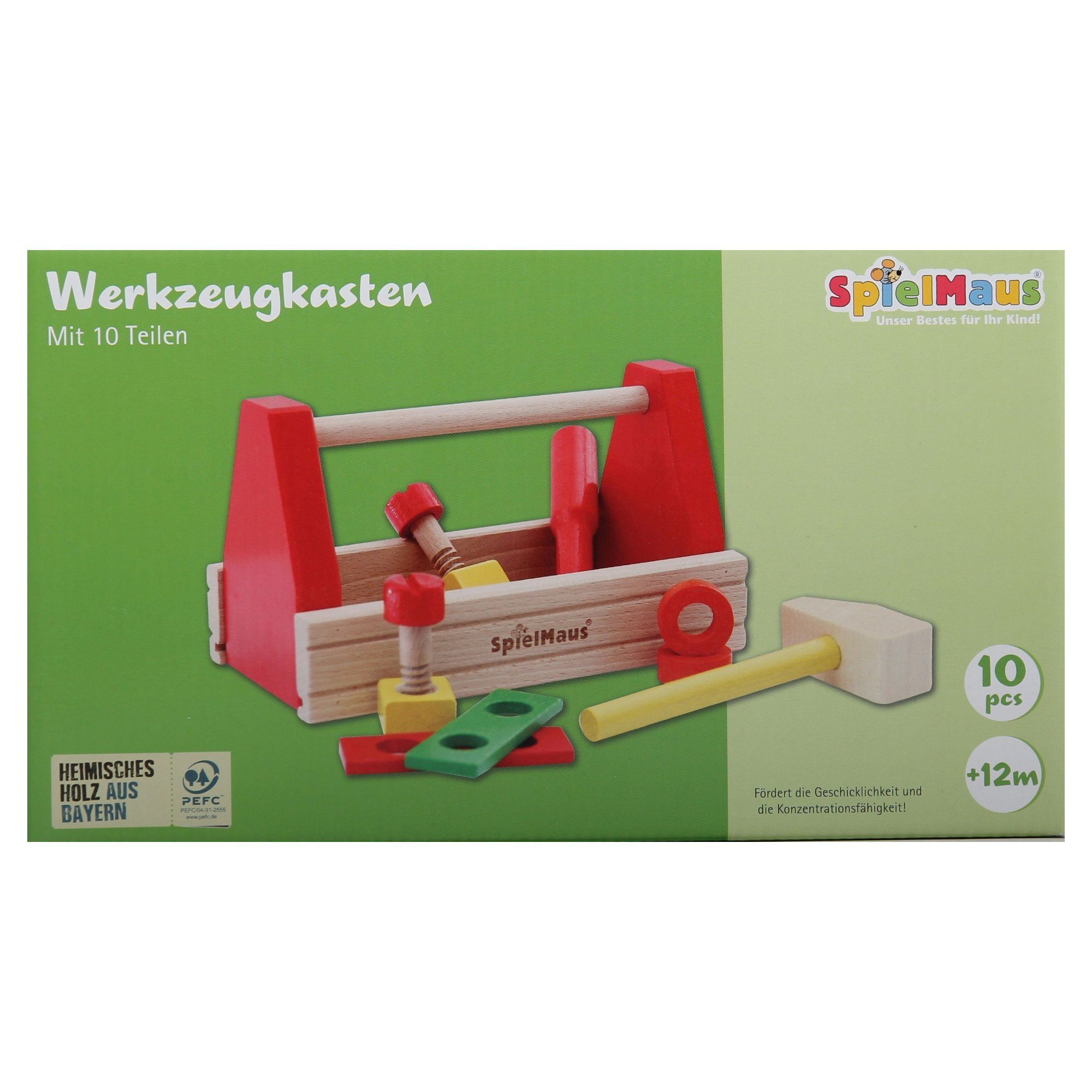 Spielwerkzeugkoffer SpielMaus Holz Werkzeugkasten, 10-teilig
