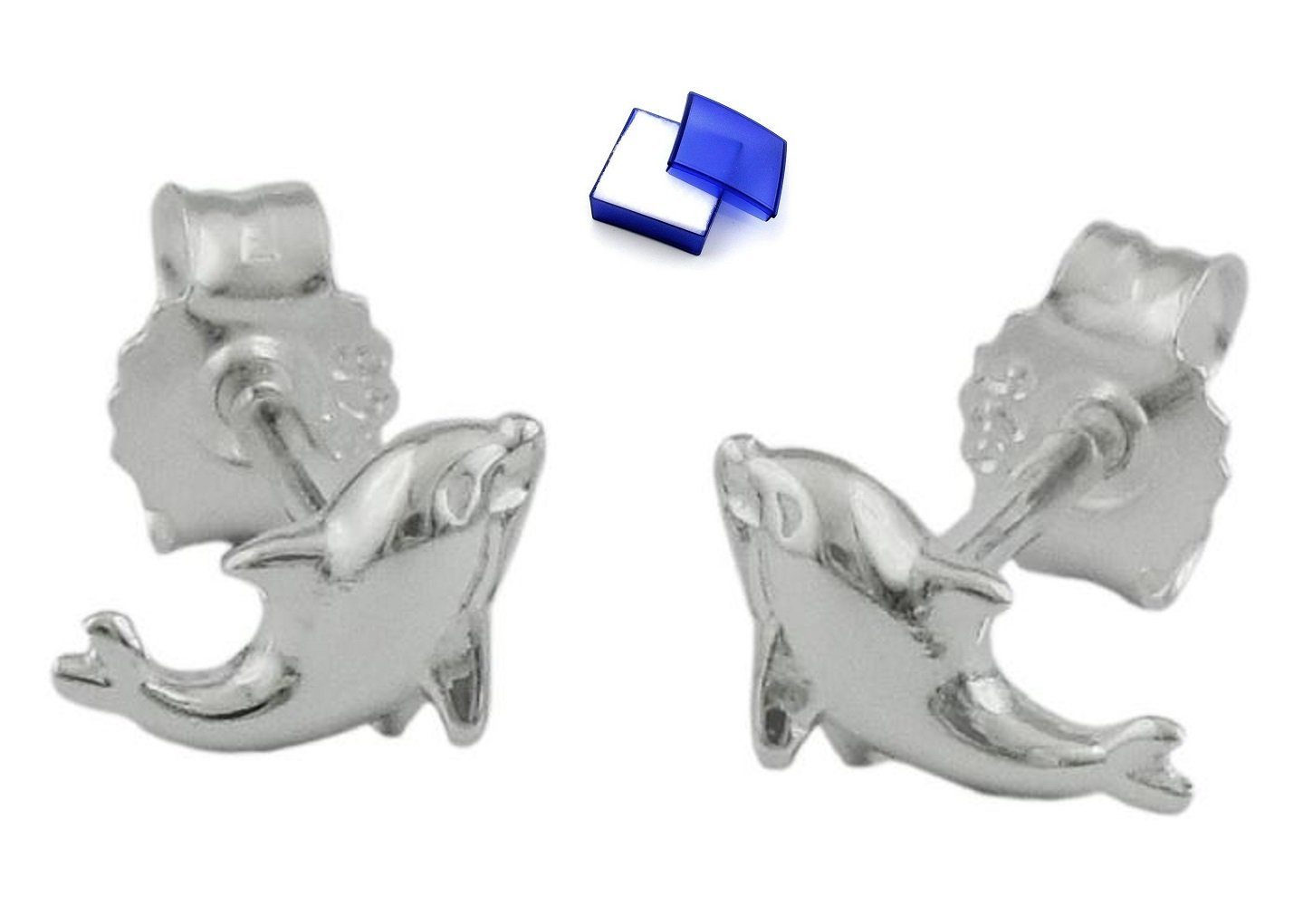 Paar Ohrstecker Ohrringe Kleiner Delfin glänzend 925 Silber 8 x 4 mm inkl. Schmuckbox