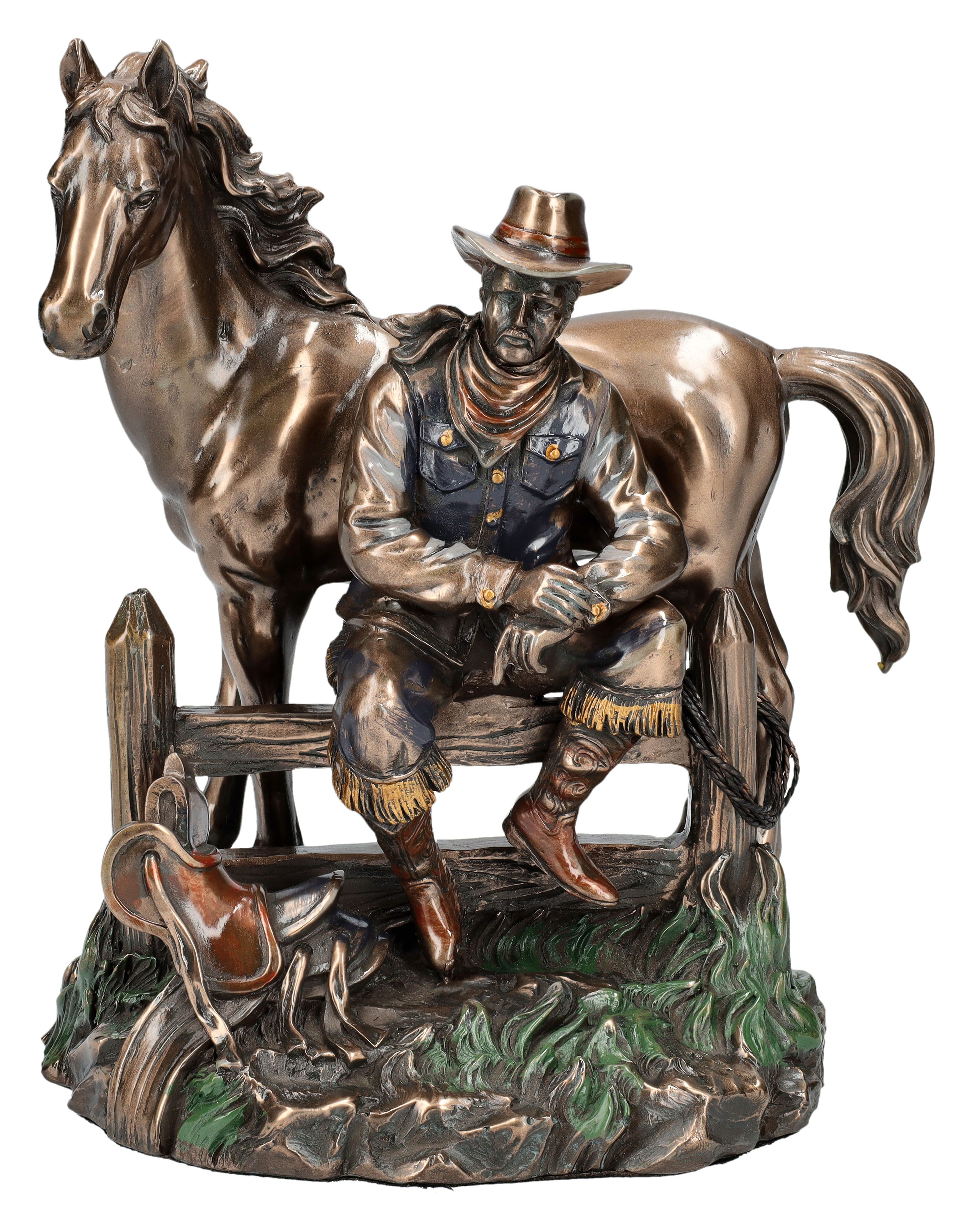 Dekofigur Cowboy Figur mit Pferd bei der Rast - Wilder Westen Western Dekofigur