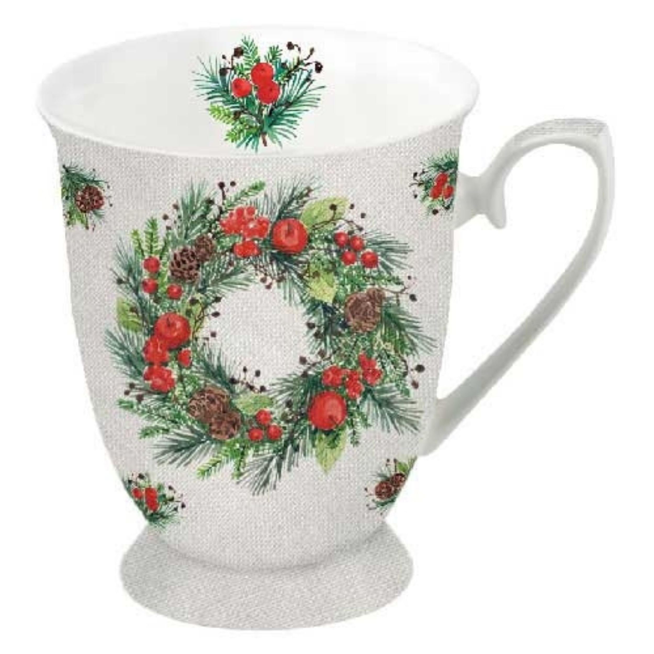 Ambiente Luxury Paper Products Becher Porzellan Weihnachten Tasse Kaffeebecher 'Wreath on Linen' 0,25l