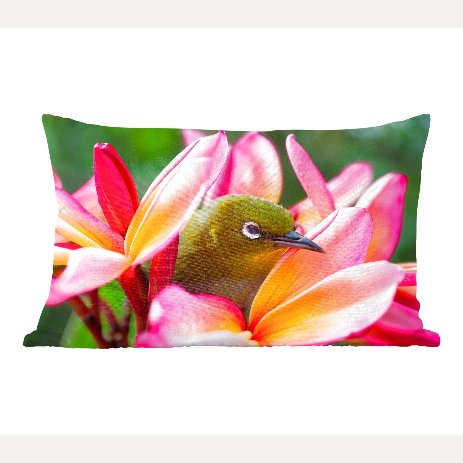 MuchoWow Dekokissen Tropischer Vogel zwischen rosa Blume, Wohzimmer Dekoration, Zierkissen, Dekokissen mit Füllung, Schlafzimmer