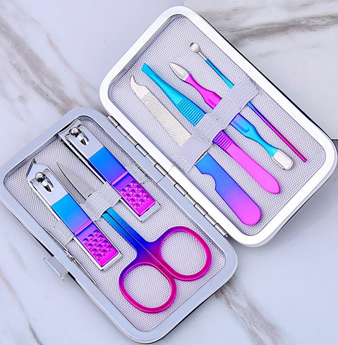 Pinzette Set in - Aufbewahrungs-Etui 7-tlg., Pediküre mit Maniküre Edelstahl Set, Nagel Nagelschere, Bunt Maniküre-Pediküre-Set TPFBeauty Nagelknipser, uvm. Set Etui,