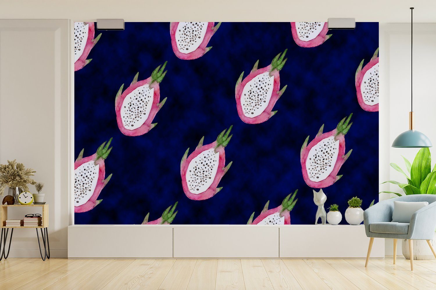 MuchoWow Fototapete Drachenfrucht - (6 für bedruckt, Blau, Vinyl Wallpaper Tapete St), Wohnzimmer, Schlafzimmer, Matt, Kinderzimmer
