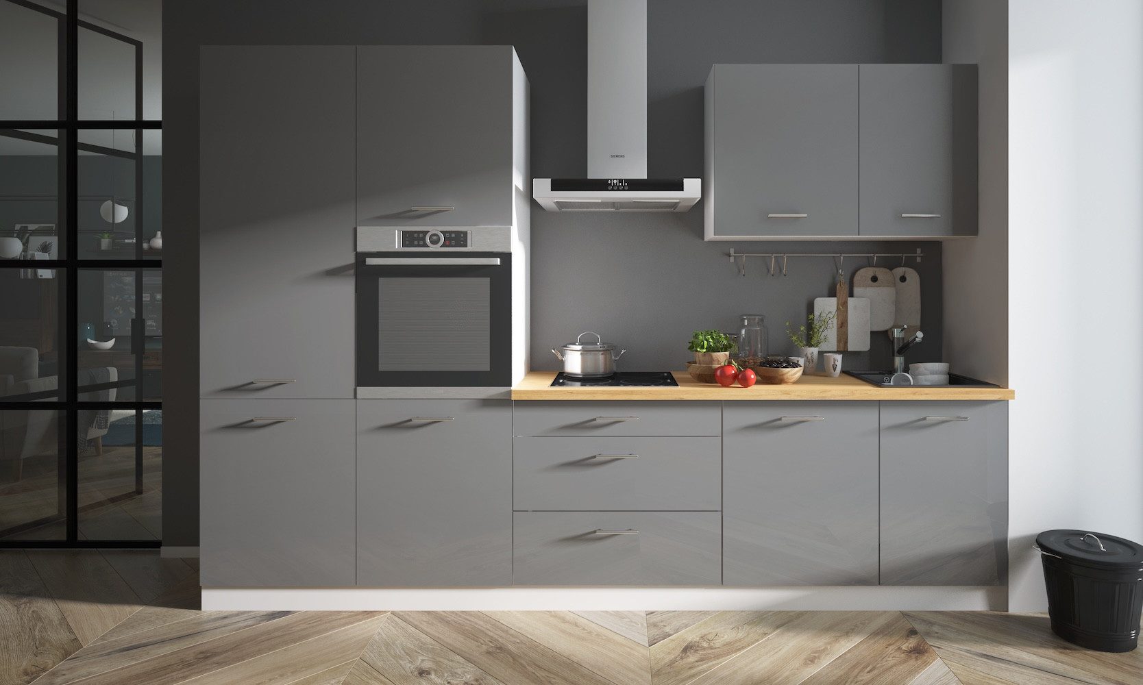 Feldmann-Wohnen Küchenzeile Küchenzeile ESSEN TREND 310 weiß / graphit Hochglanz #dv16, (Schubladen mit Teilauszug und Soft-Close-Funktion), 310x60x207cm weiß / graphit hochglanz - eiche lancelot, 8-teilig