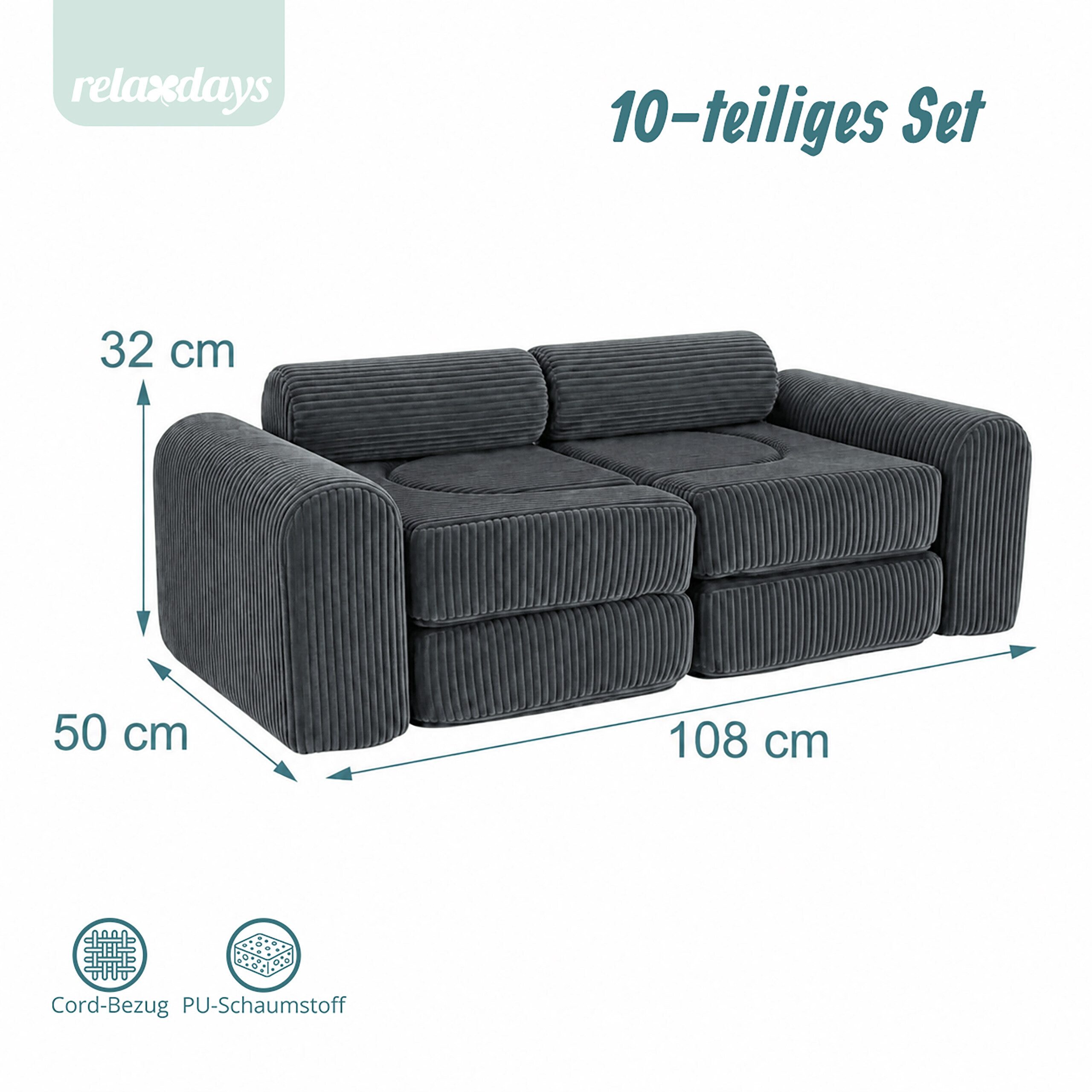 relaxdays Kindersofa 10-tlg. Kinder Spielsofa modular, 10 Teile, Anthrazit – Bild 4 von 5