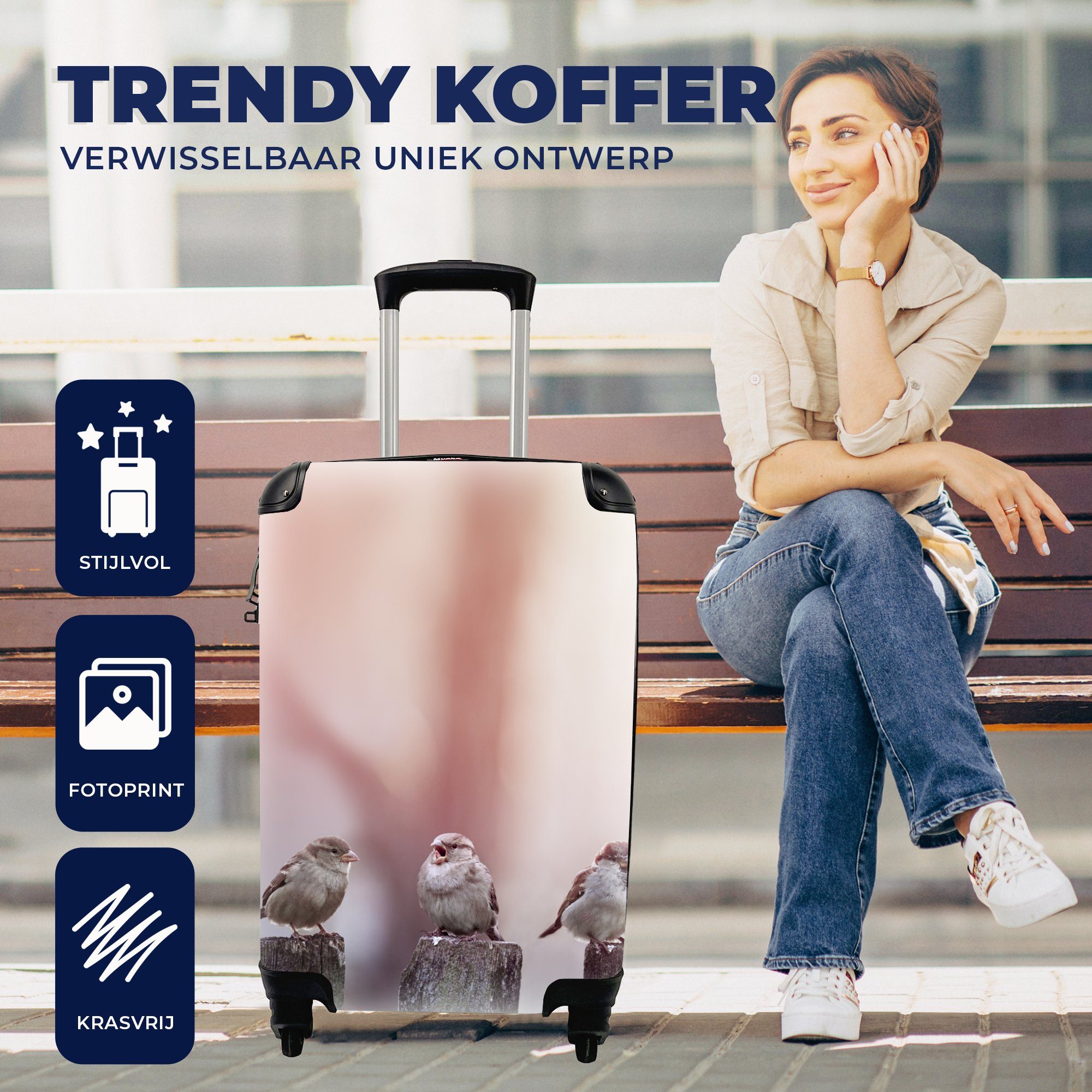 mit Reisekoffer 4 Handgepäck Rollen, Trolley, rollen, für Ferien, Holz, MuchoWow Spatzen - Pfähle - Reisetasche - Vögel Handgepäckkoffer