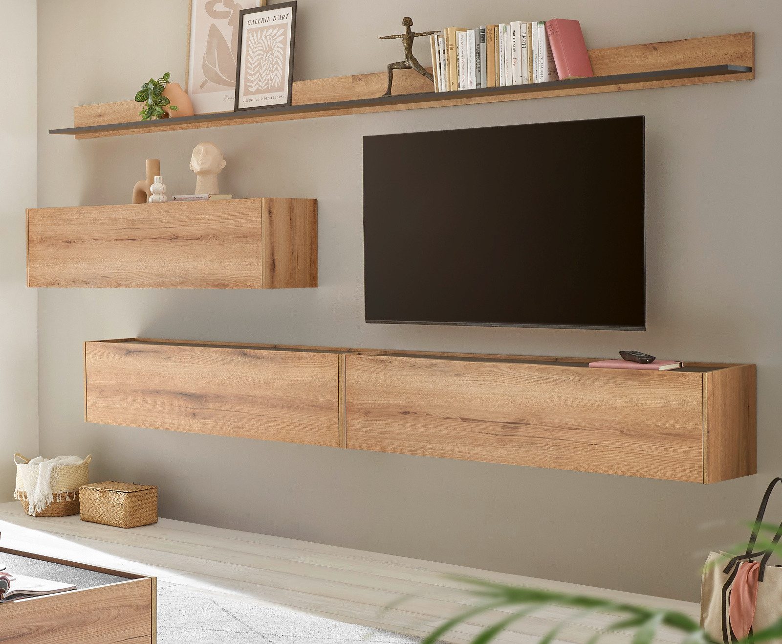 Furn.Design Wohnwand Center, (TV Mediawand in Evoke Eiche mit grau, 5-teilig, Breite 340 - 380 cm), mit großem TV Lowboard