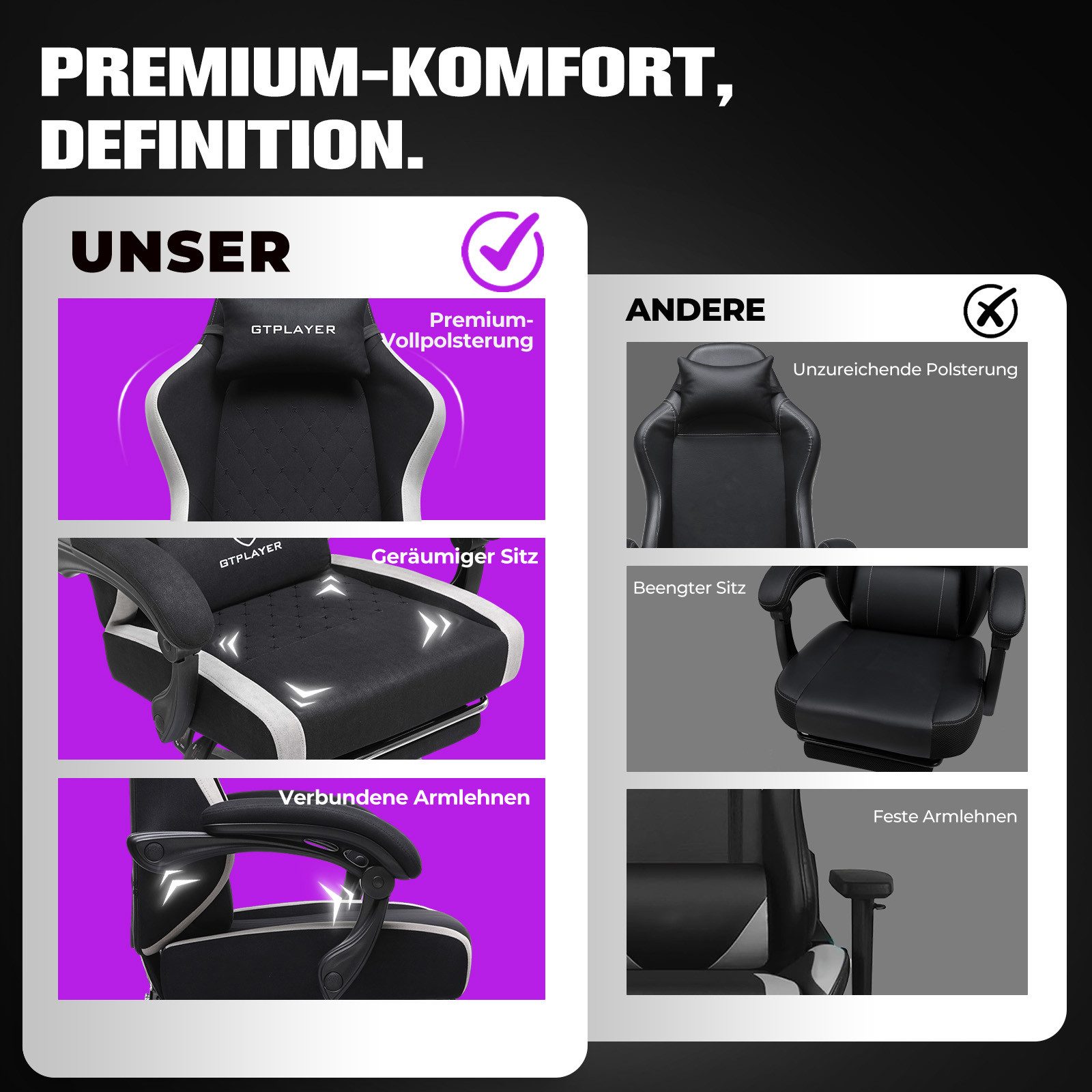 GTPLAYER Gaming-Stuhl Ergonomischer Gaming Sessel Schreibtischstuhl aus Stoff/Kunstleder (Packung), Federsitzkissen mit Fußstütze