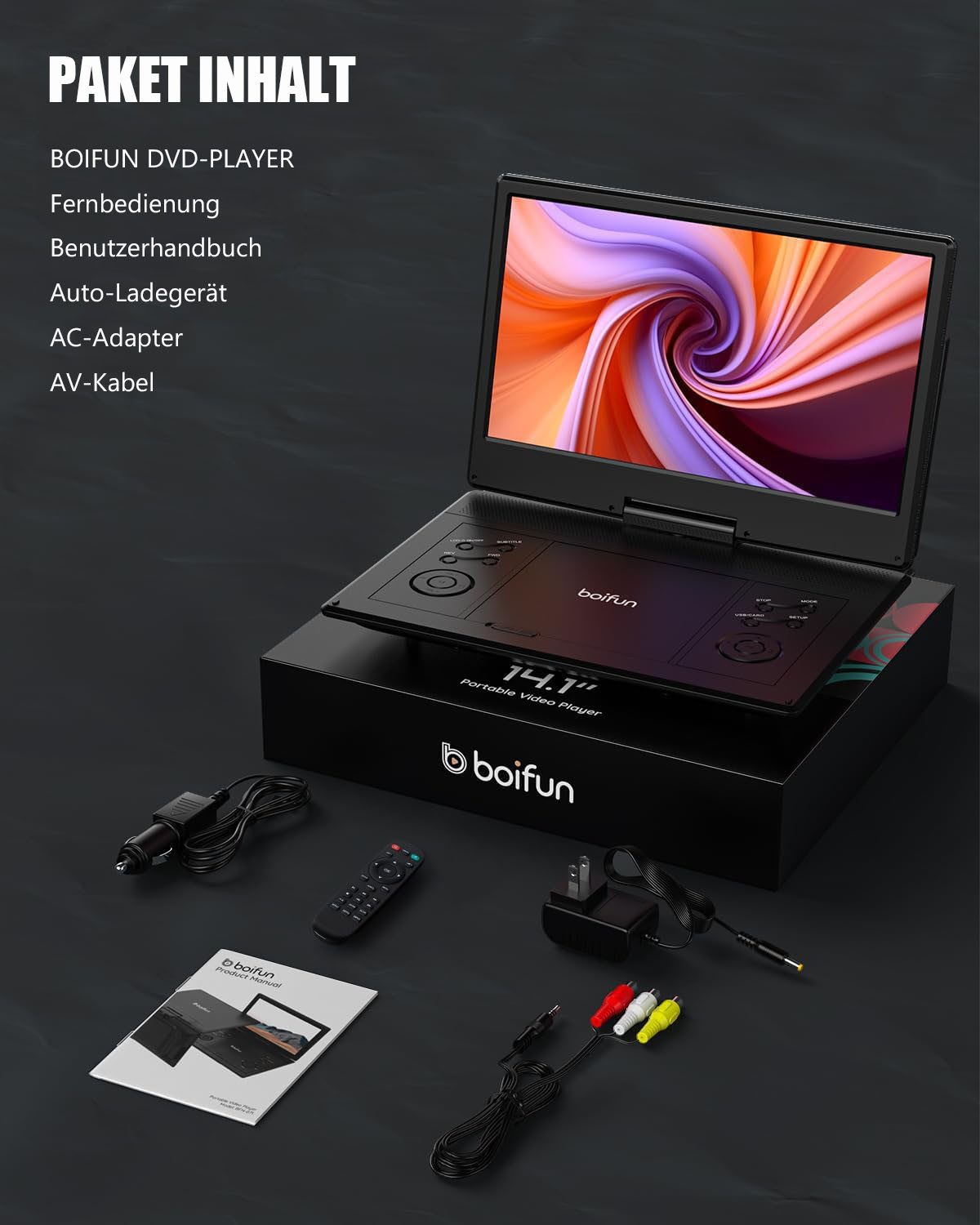 Boifun 15,7’’ Tragbarer DVD Player mit 14,1’’ HD Display, 6 Stunden Batterie Portabler DVD-Player (1366*768 resolution, 32 GB Festplatte, Unterstützt FM-Transmitter, Sync-TV, USB, TF-Karte alle Regionen)