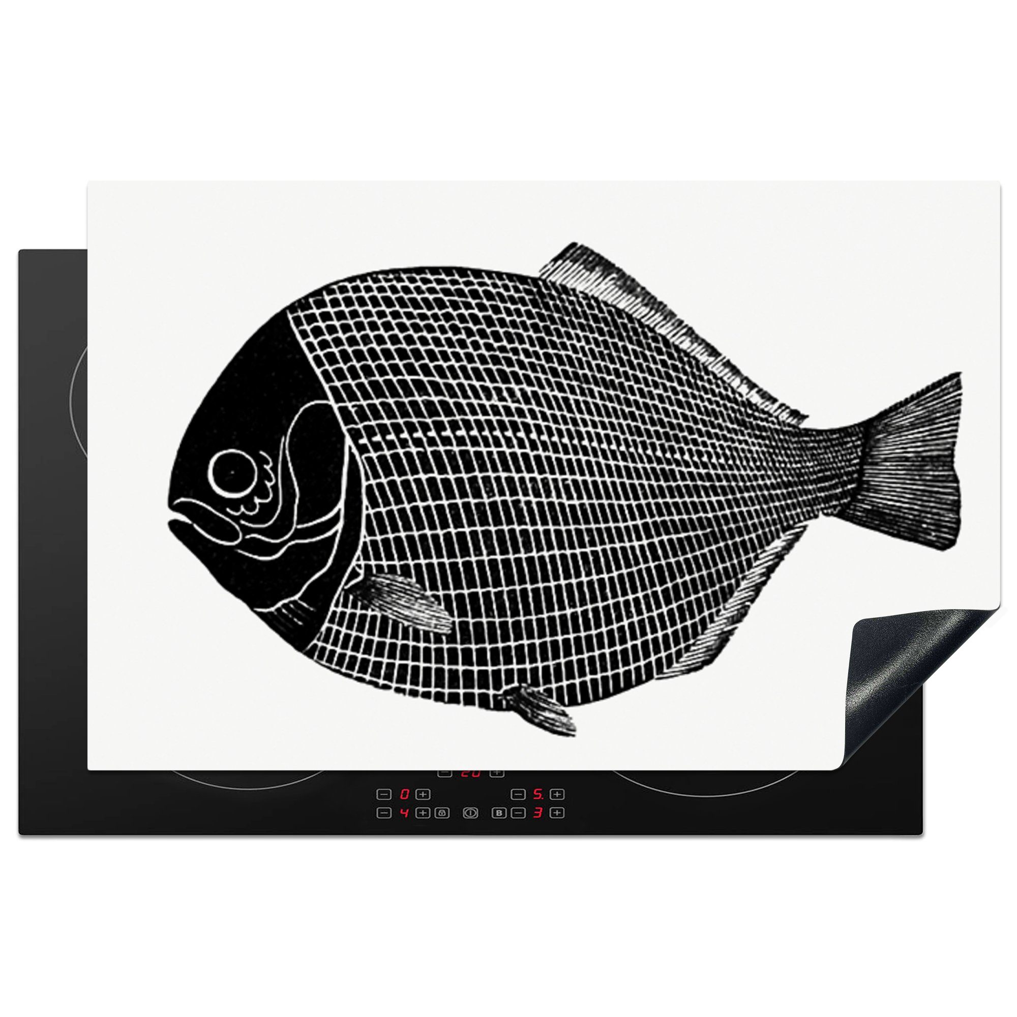 MuchoWow Herdblende-/Abdeckplatte Jahrgang - Illustration - Fisch, Vinyl, (1 tlg), 81x52 cm, Induktionskochfeld Schutz für die küche, Ceranfeldabdeckung