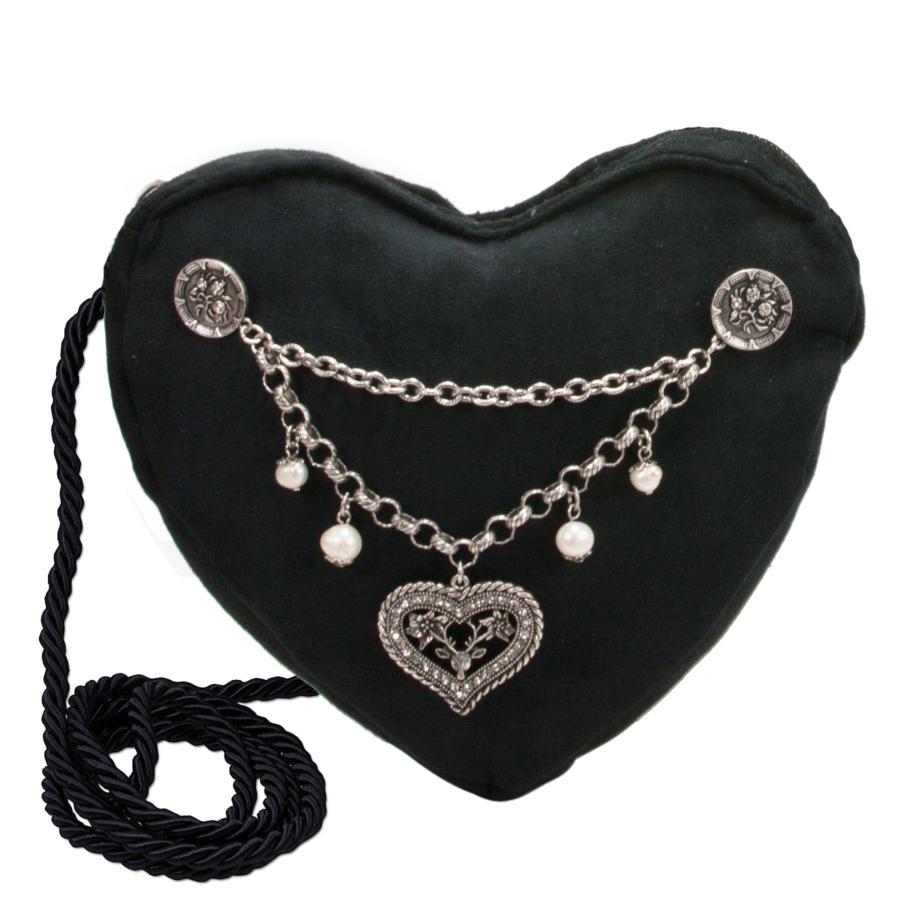 Alpenflüstern Schultertasche Herztasche Charivari Strass-Herz (schwarz), - Damen Trachtentasche in Herzform, Schultertasche fürs Dirndl, Herz Handtasche zur Tracht, Dirndltasche