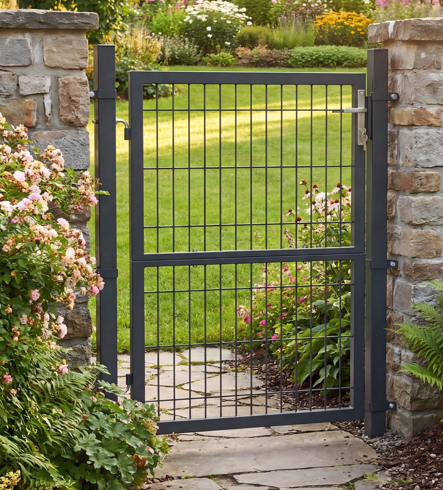 SONGMICS Gartentor Gartentür Zauntür Zauntor Gartenzaun mit Schloss, verzinkter Stahl, abschließbar, Tür 106×100/125/150/160/180cm (B×H)