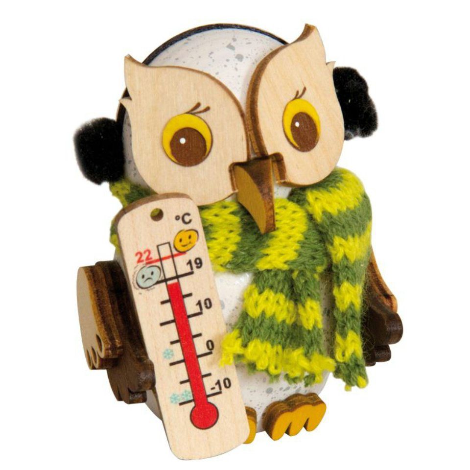 Handarbeit dem aus Kuhnert Erzgebirge Schnee Sammelfigur Mini Eule mit Thermometer,