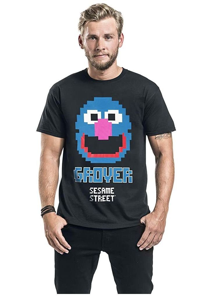 Sesamstrasse Print-Shirt Sesamstraße Grover 8 Bit Männer Grobi T-Shirt schwarz Fan-Merch, TV-Serien S M L XL XXL