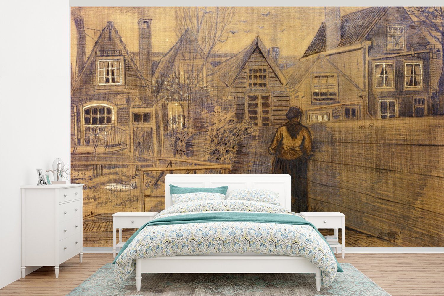 MuchoWow Fototapete Das Haus der Mutter von Sien vom Garten aus gesehen - Vincent van Gogh, Matt, bedruckt, (7 St), Montagefertig Vinyl Tapete für Wohnzimmer, Wandtapete