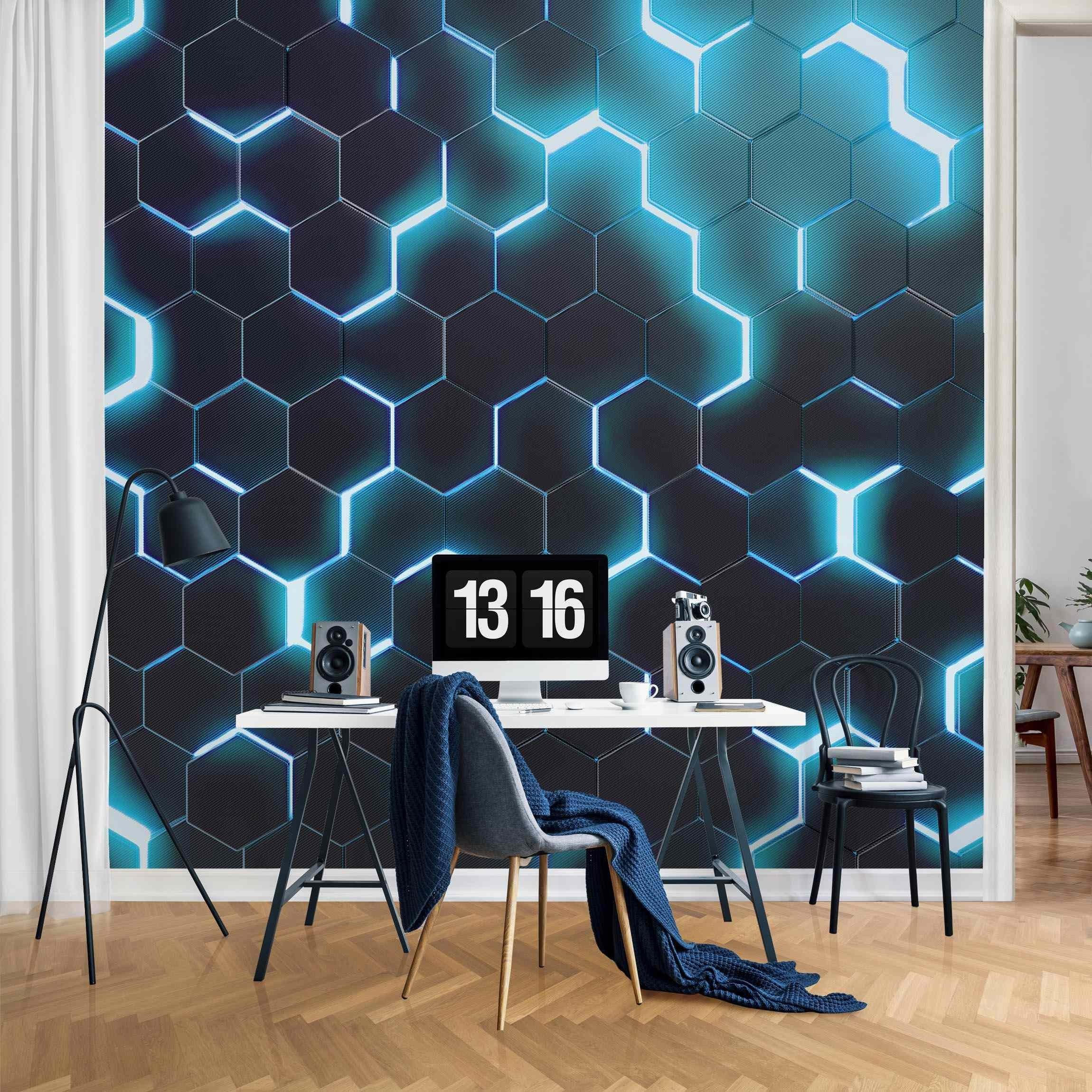 Bilderdepot24 Mustertapete Hexagone Neonlicht Türkis 3D-Optik günstig online kaufen