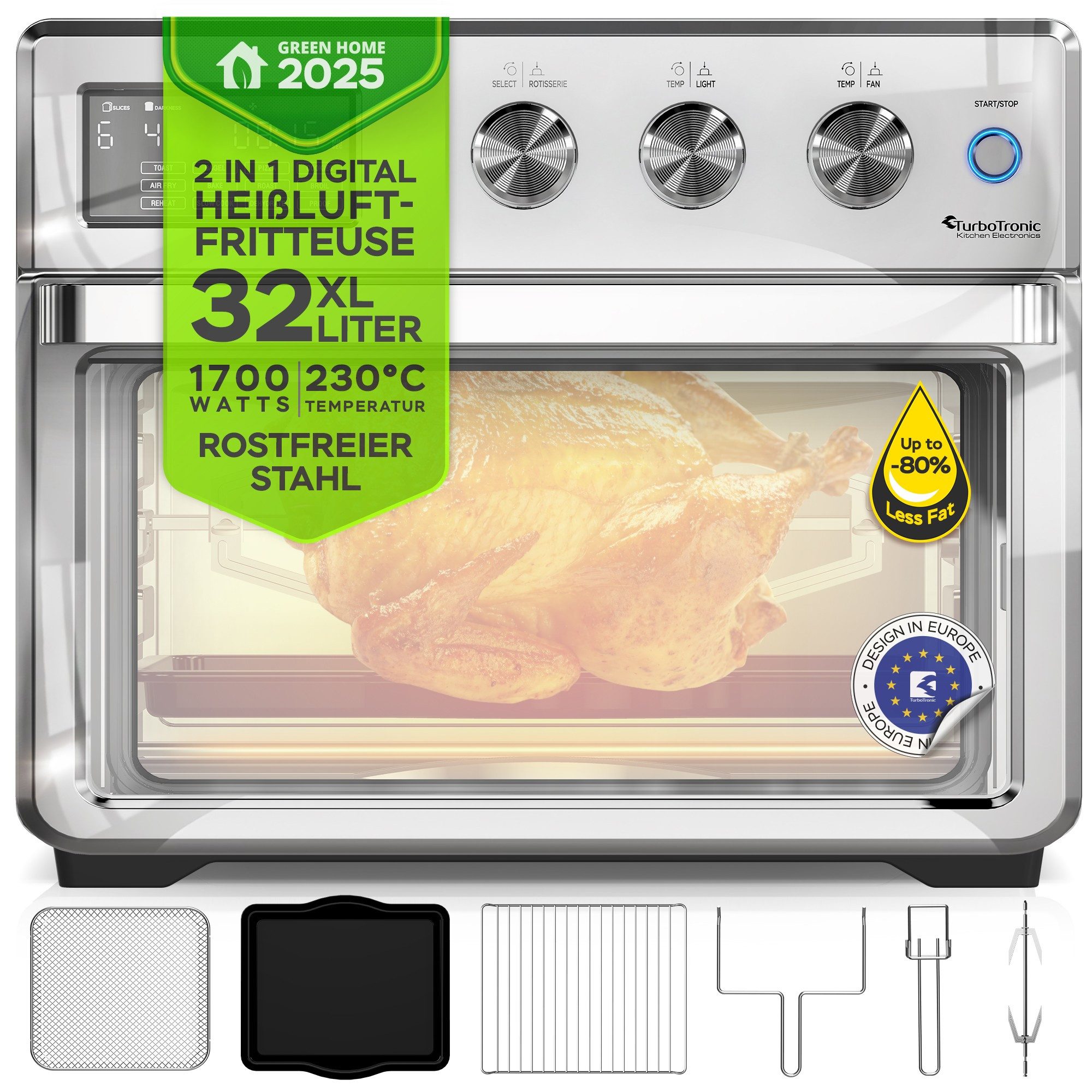 TurboTronic by Z-Line Minibackofen 4in1 Heißluftofen Heißluftfritteuse XXL Version 32L inkl. Drehspieß, & XXL Zubehör Backblech, Dörrgerät ab 25°C & Grill, Airfryer silber