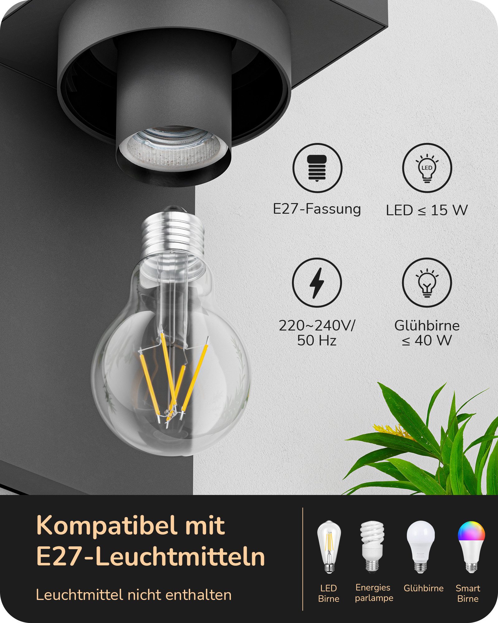 EDISHINE Außen-Wandleuchte, ohne Leuchtmittel, für Hauswand, Garage, Vordach